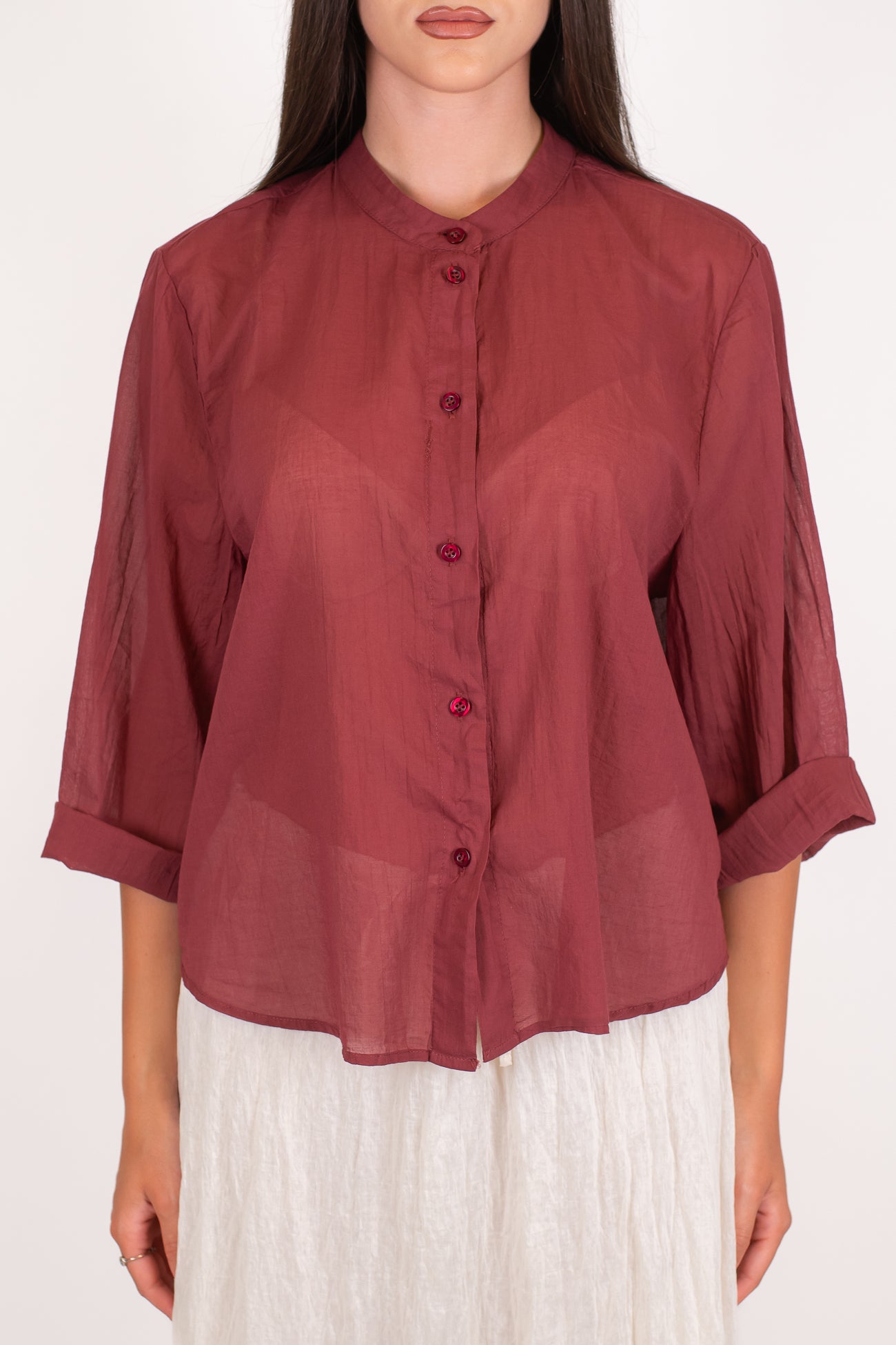 Tensione in - Camicia in mussola di cotone tinta unita con collo coreano