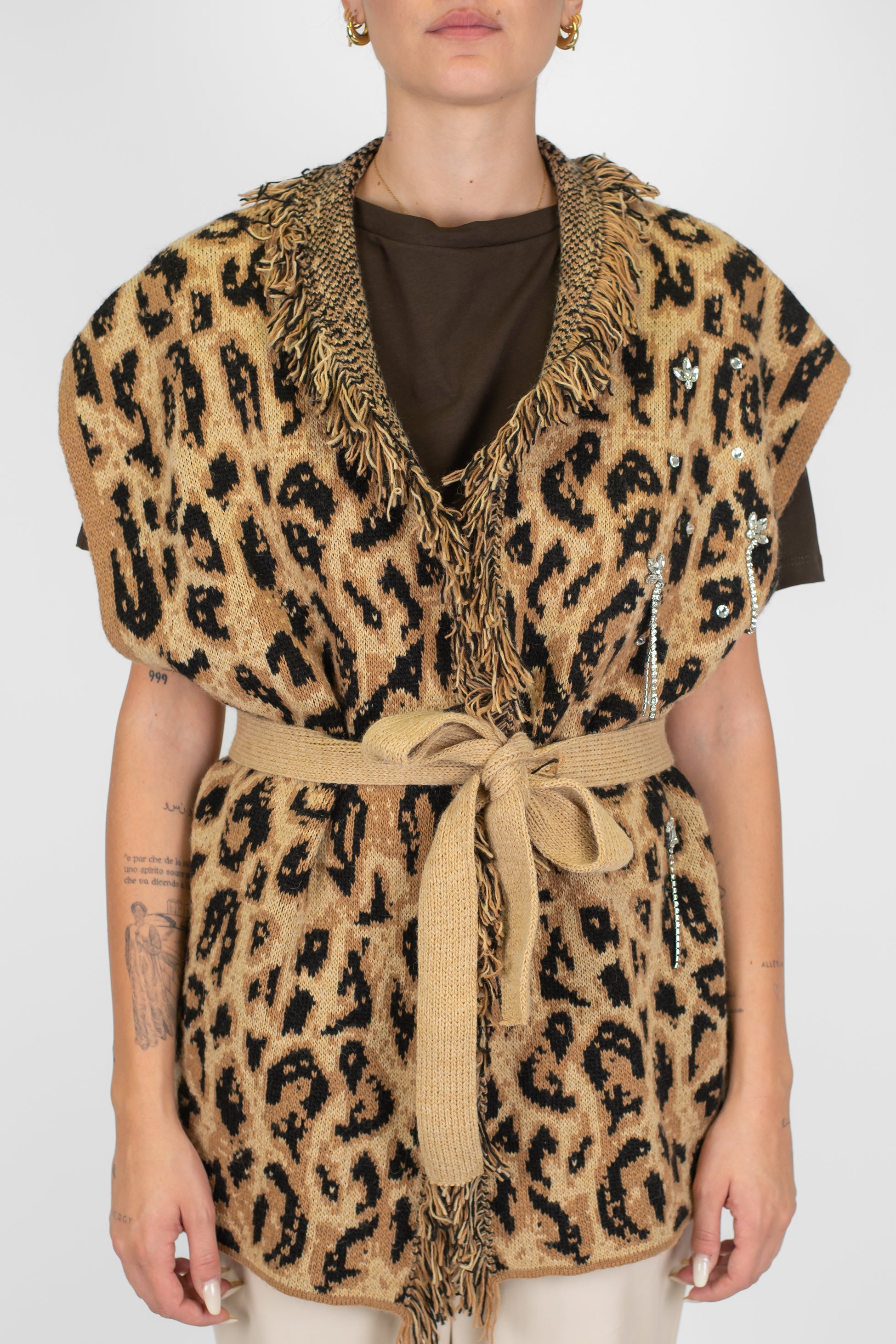 Haveone - Cardigan fantasia maculata giromaniche in misto lana con profilo frange e strass