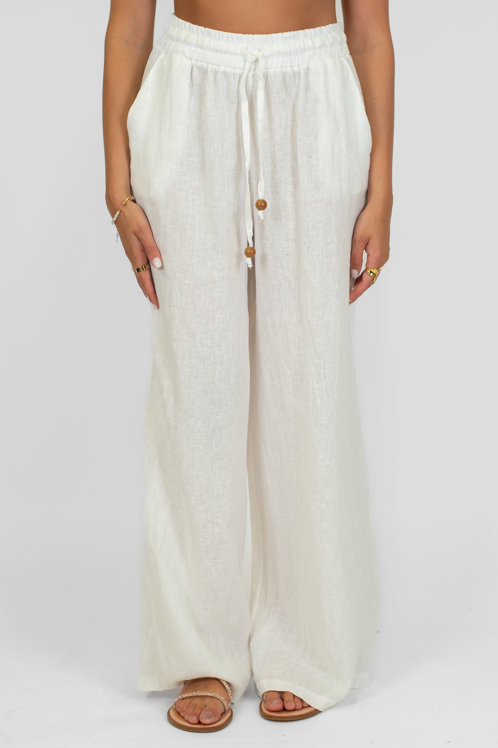 Tensione in - Pantalone palazzo in puro lino con coulisse