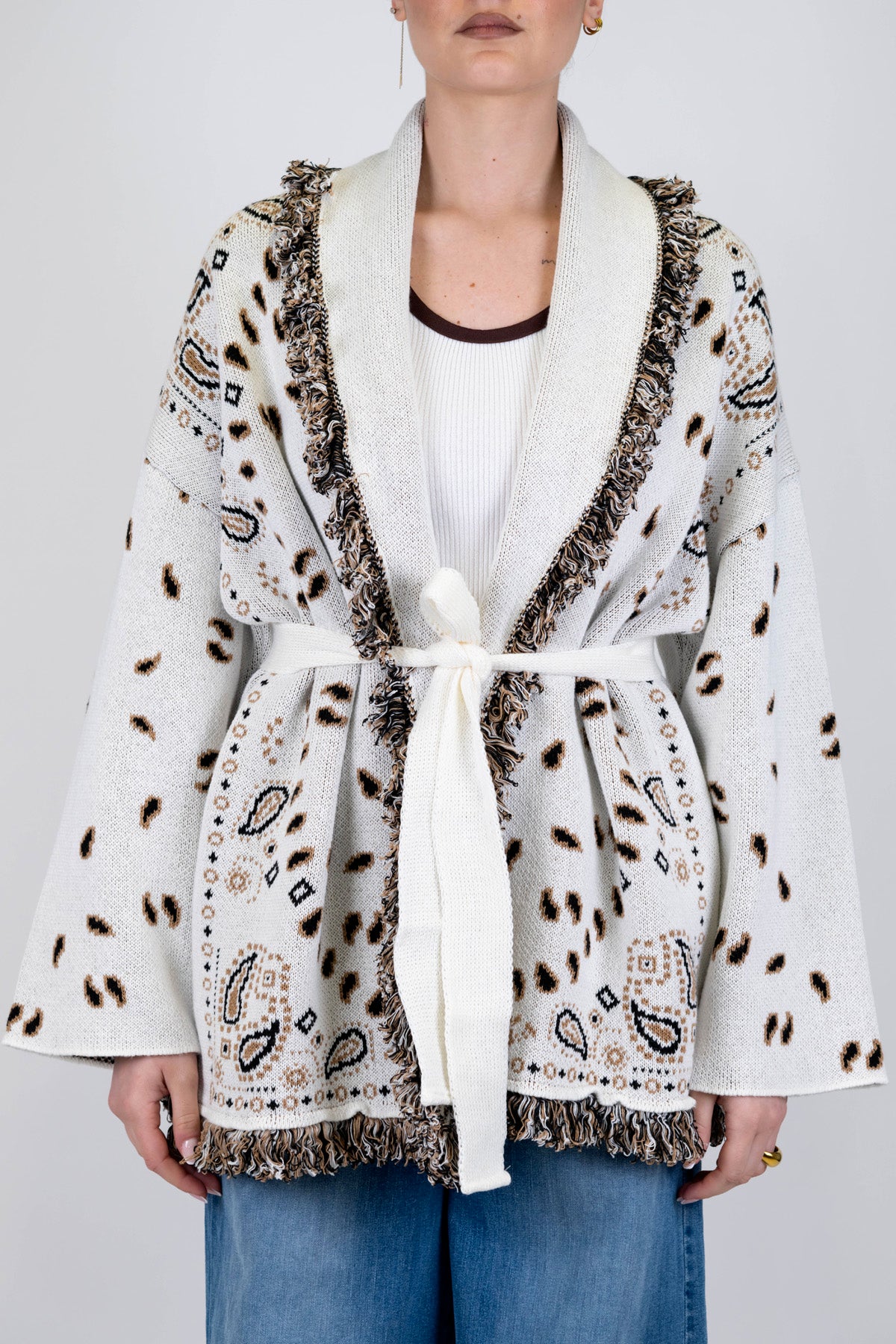 Tensione in - Cardigan fantasia astratta con cintura e profilo con frange