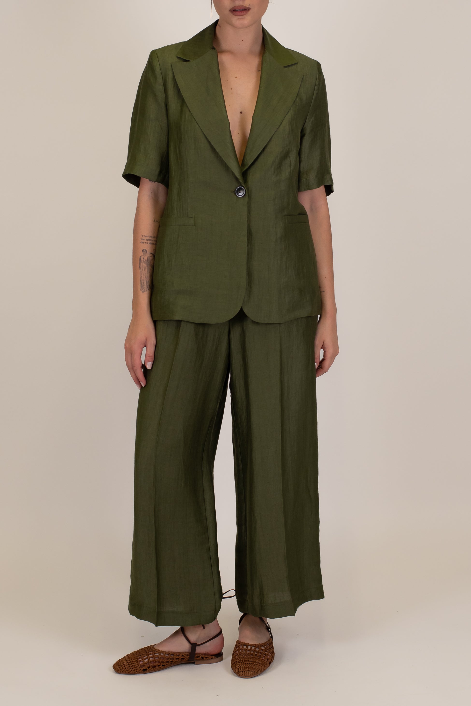 Maryley - Pantalone regular in lino con ricami ed elastico in vita