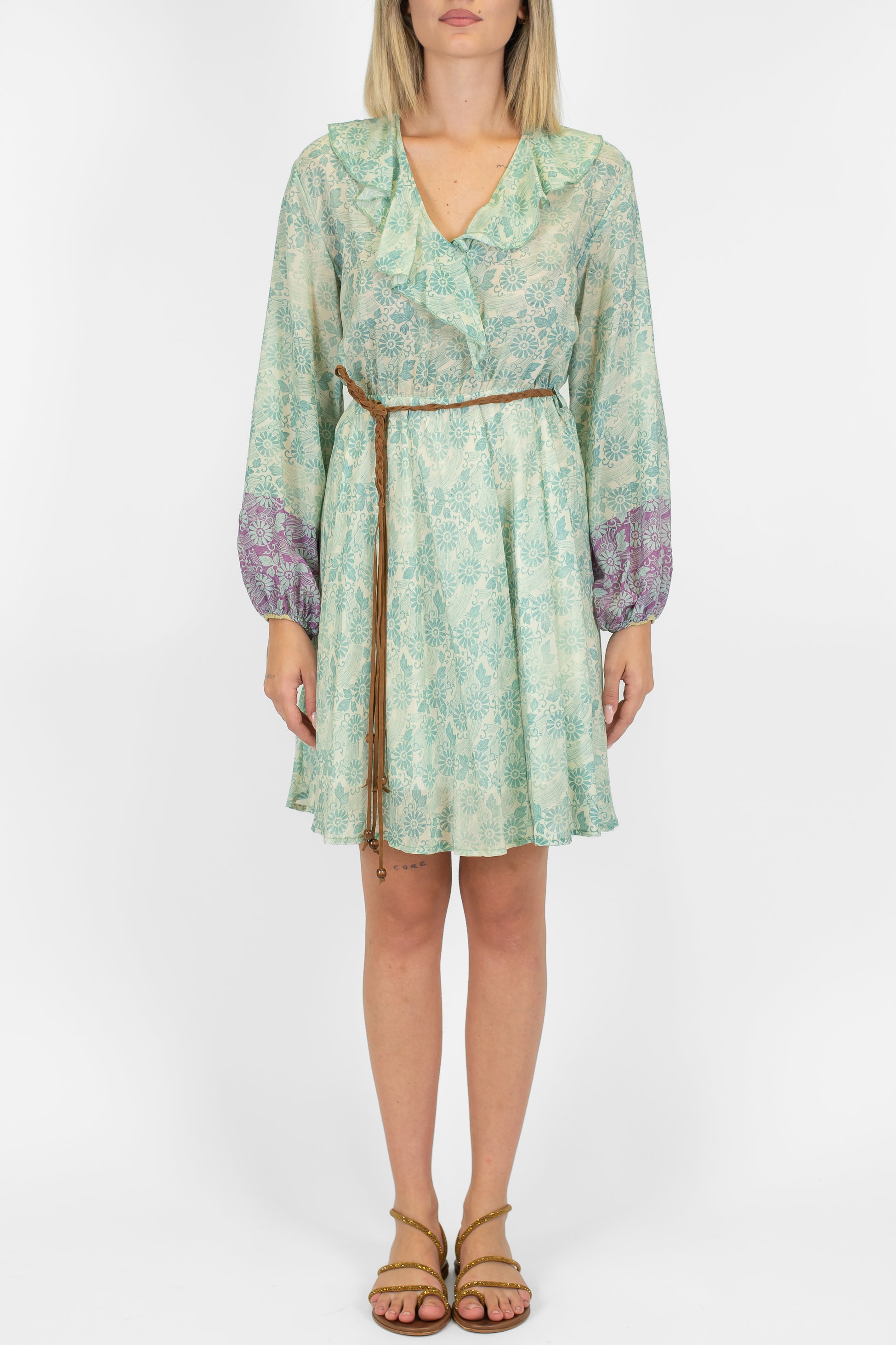 Dixie - Abito corto fantasia floreale in misto seta con scollo a V e rouches