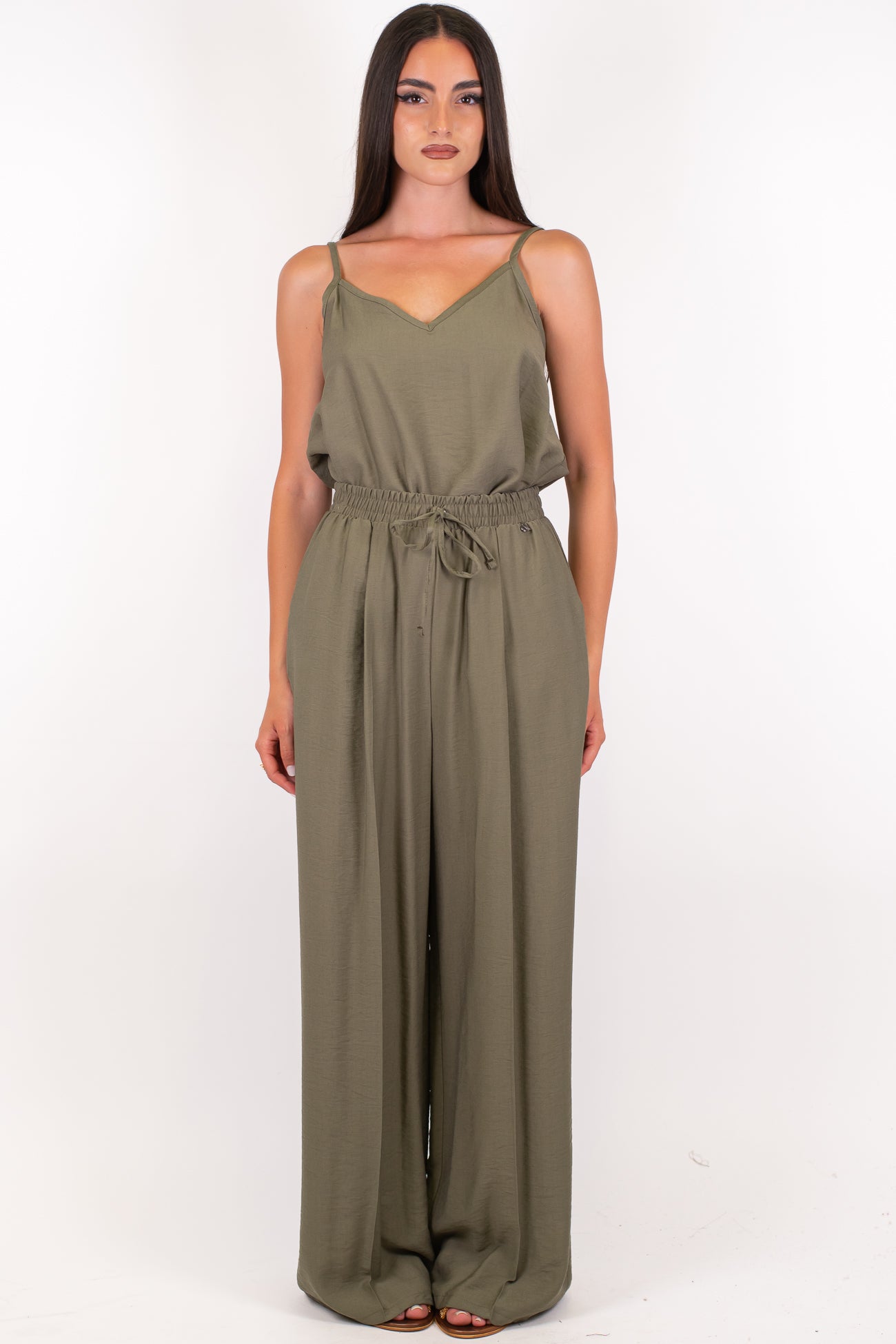 Dixie - Coordinato in viscosa leggera con top assimmetrico e pantalone palazzo con coulisse