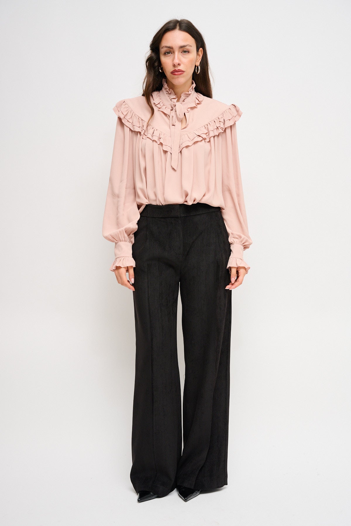 Maryley - Pantalone palazzo tessuto spigato in velluto con elastico sul retro