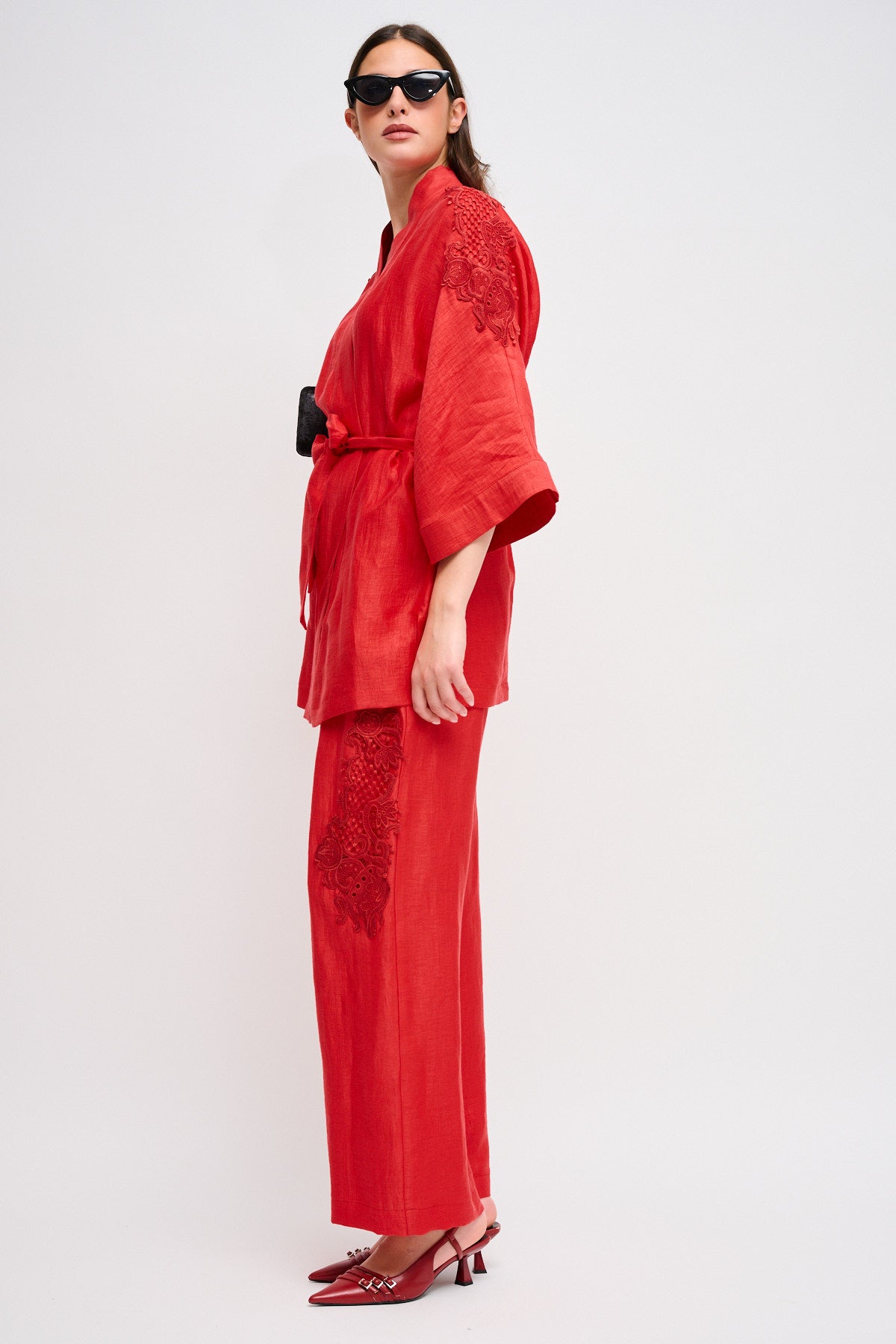 Maryley - Pantalone palazzo in lino con ricami ed elastico in vita