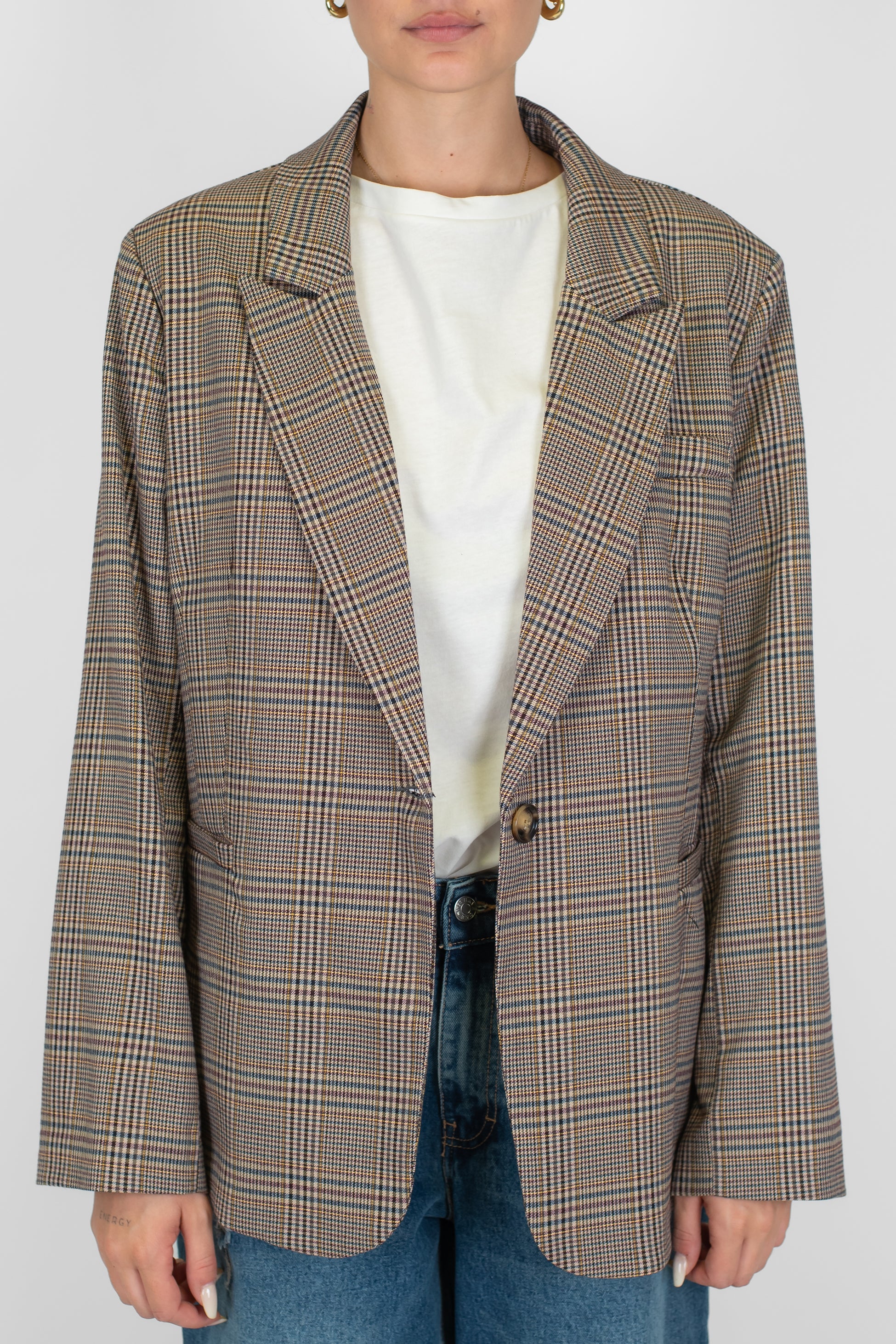 Haveone - Giacca monopetto fantasia quadri pied de poule con spalline