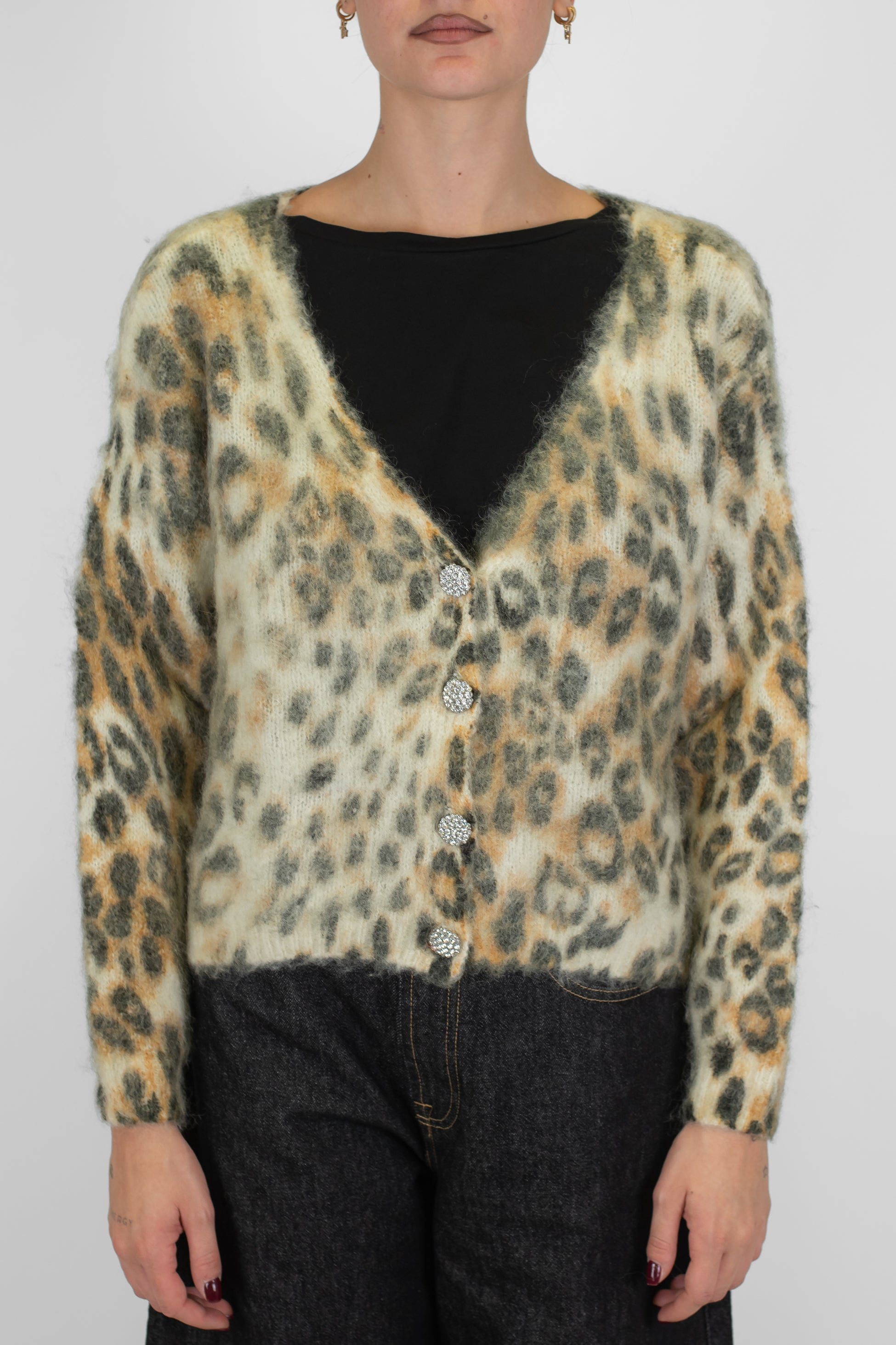 Tensione in - Cardigan fantasia animalier maculato in misto lana mohair con bottoni gioiello