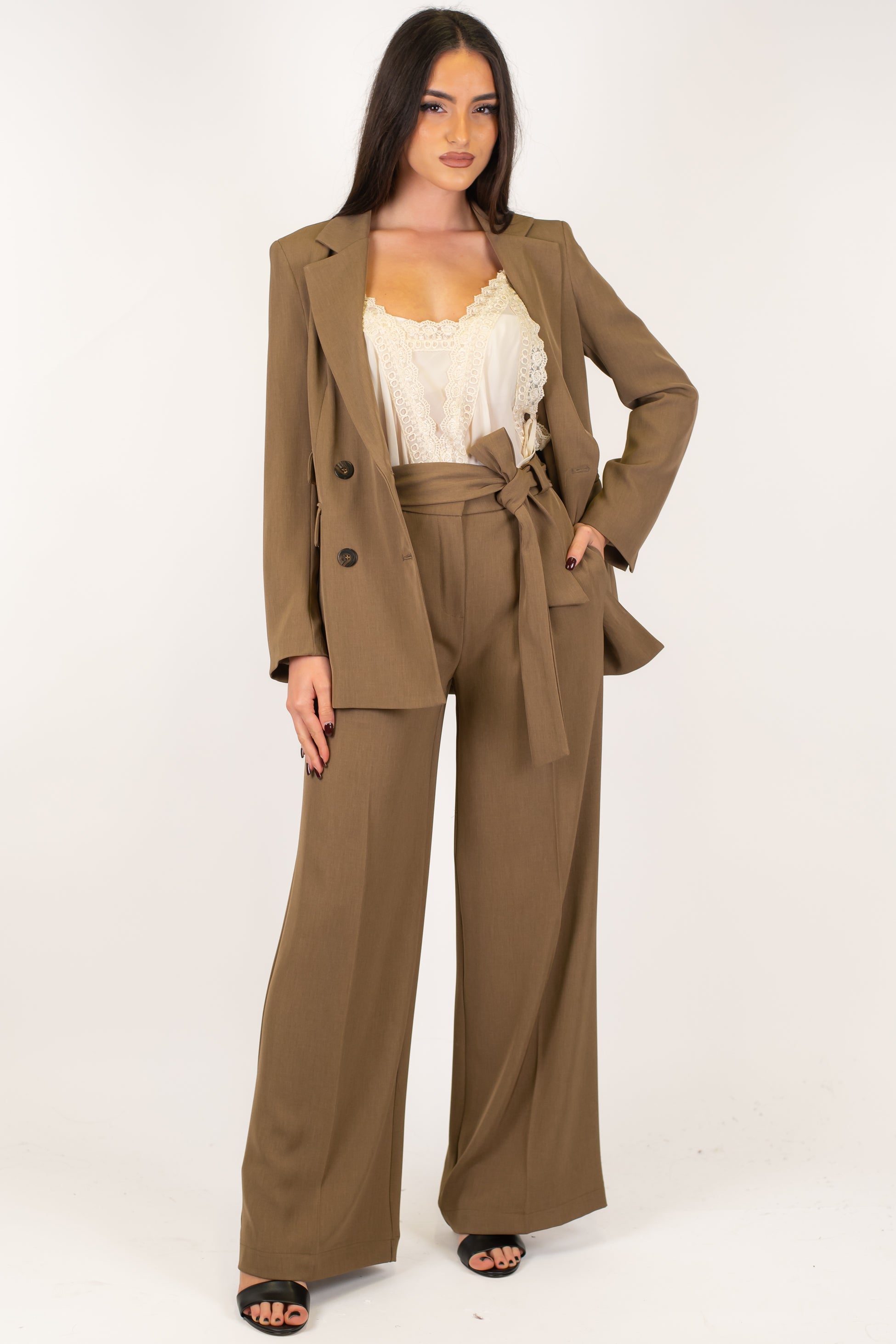 Maryley - Pantalone palazzo in tessuto fluido con elastico sul retro e cintura in tessuto