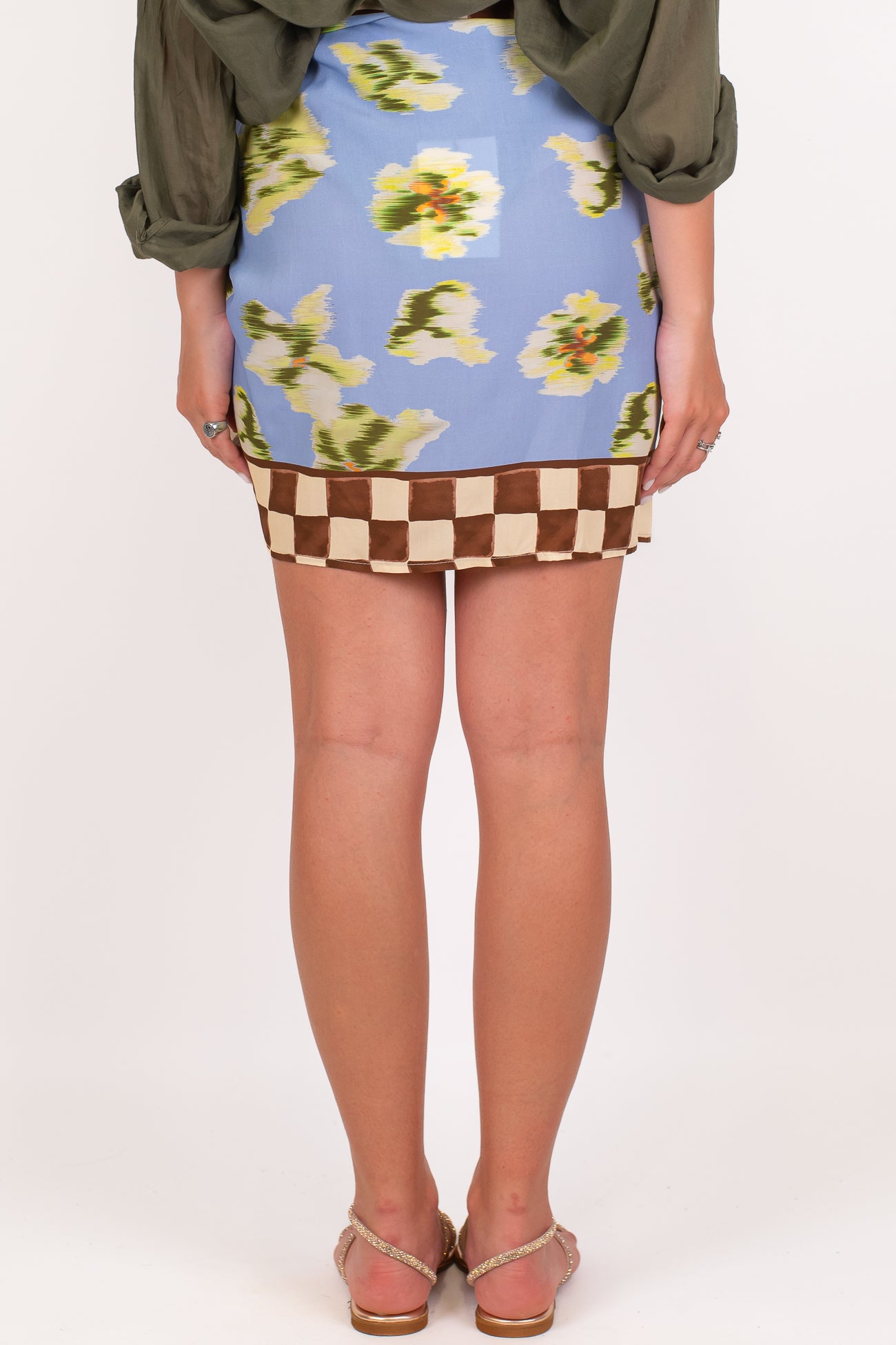 Dixie - Minigonna pareo fantasia floreale astratta con profili check a contrasto