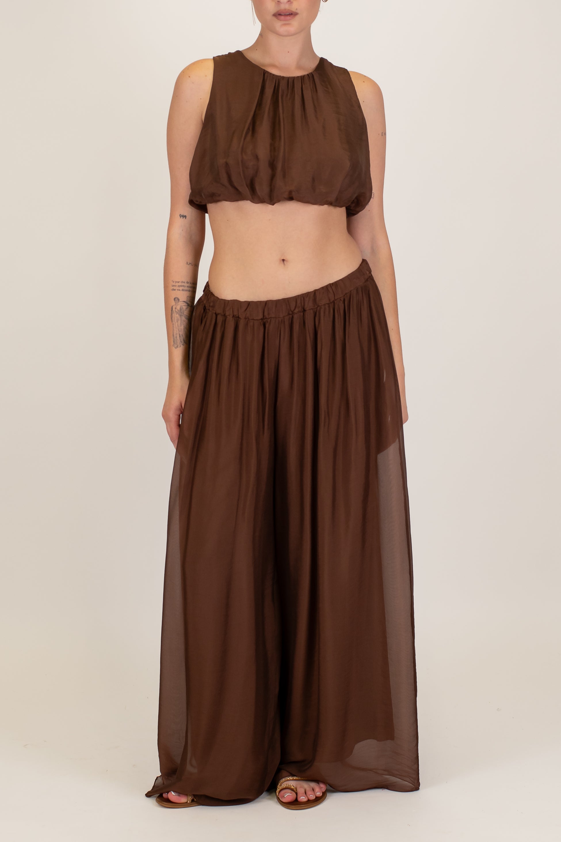 Haveone - Pantalone palazzo in misto viscosa e seta con elastico in vita