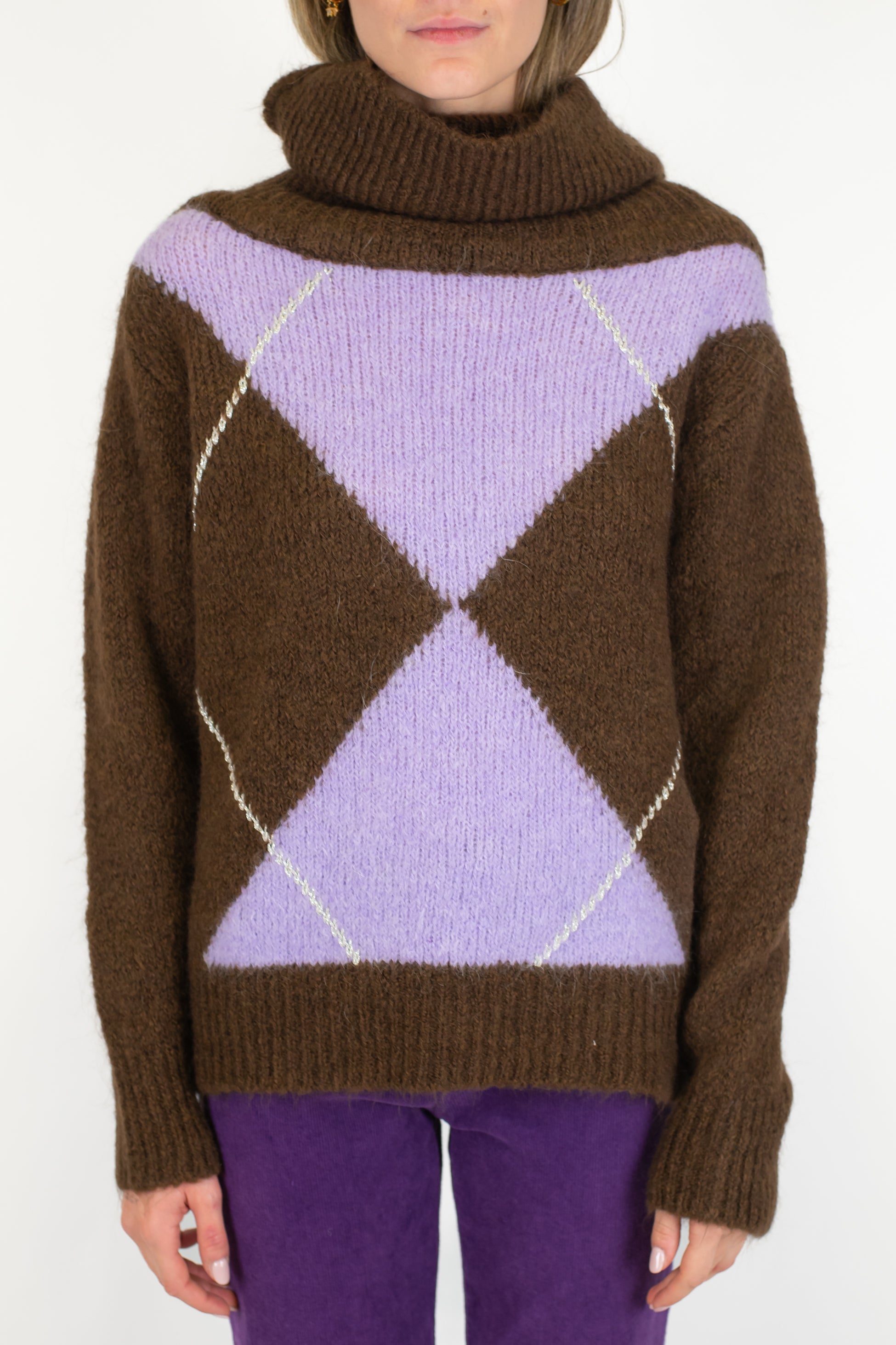 Motel - Dolcevita con collo sciallato fantasia rombi in misto lana