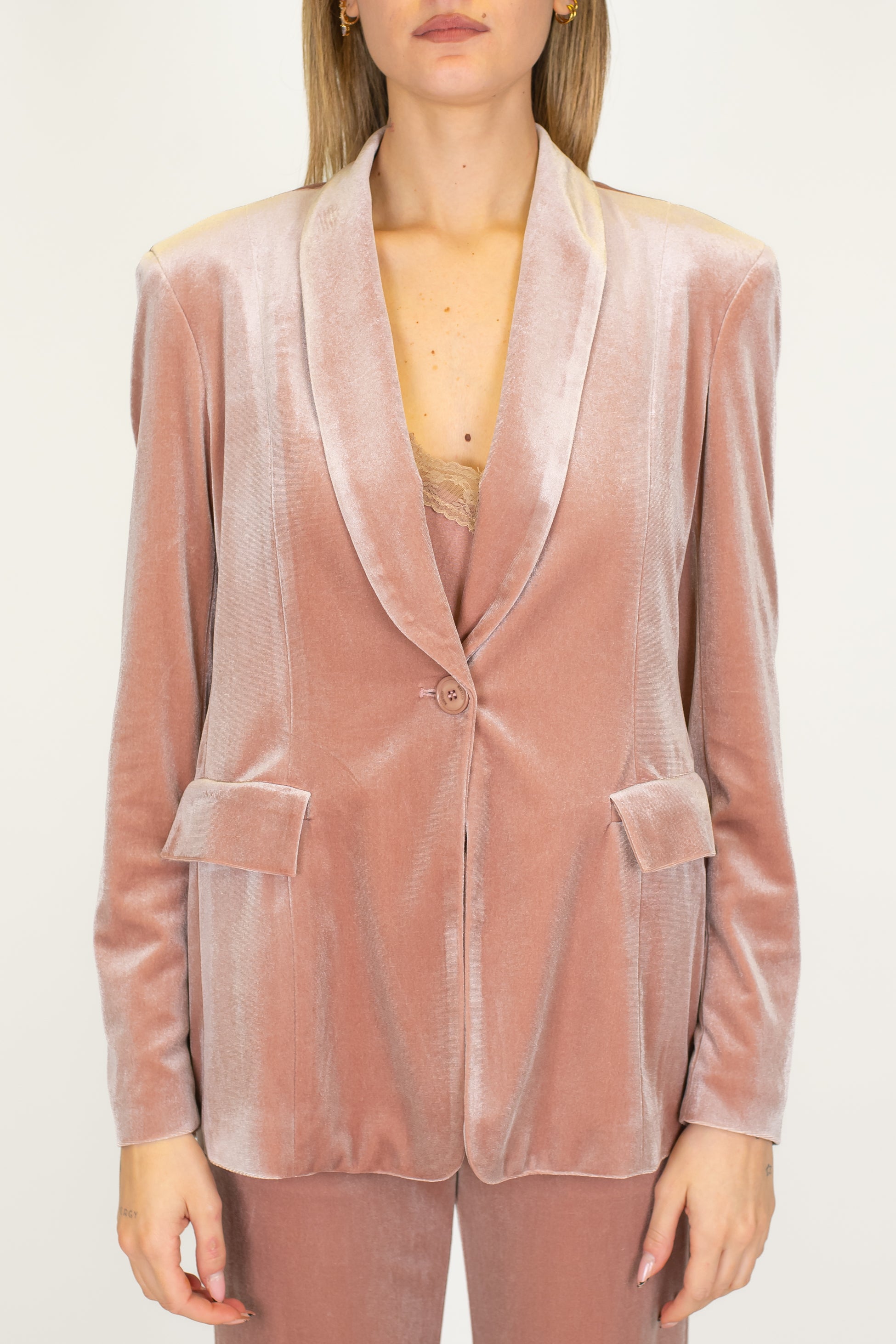 Maryley - Tailleur giacca con collo sciallato e pantalone palazzo in velluto con elastico in vita