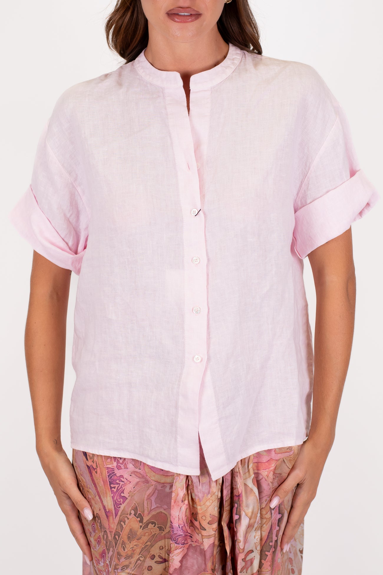 Dixie - Camicia mezzamanica in puro lino con collo coreano