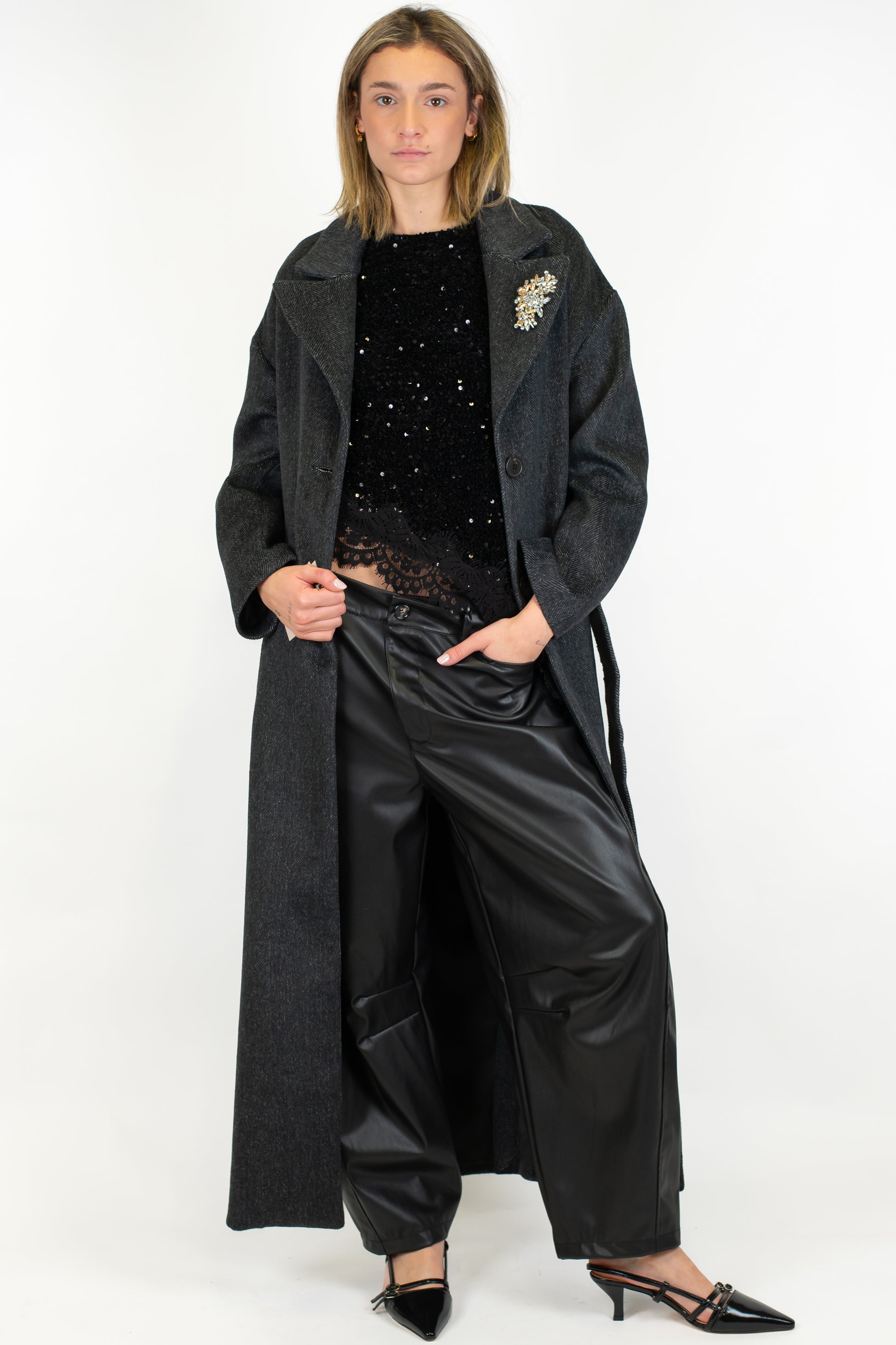 Maryley - Cappotto lungo fantasia diagonale con spilla gioiello e cintura in tessuto