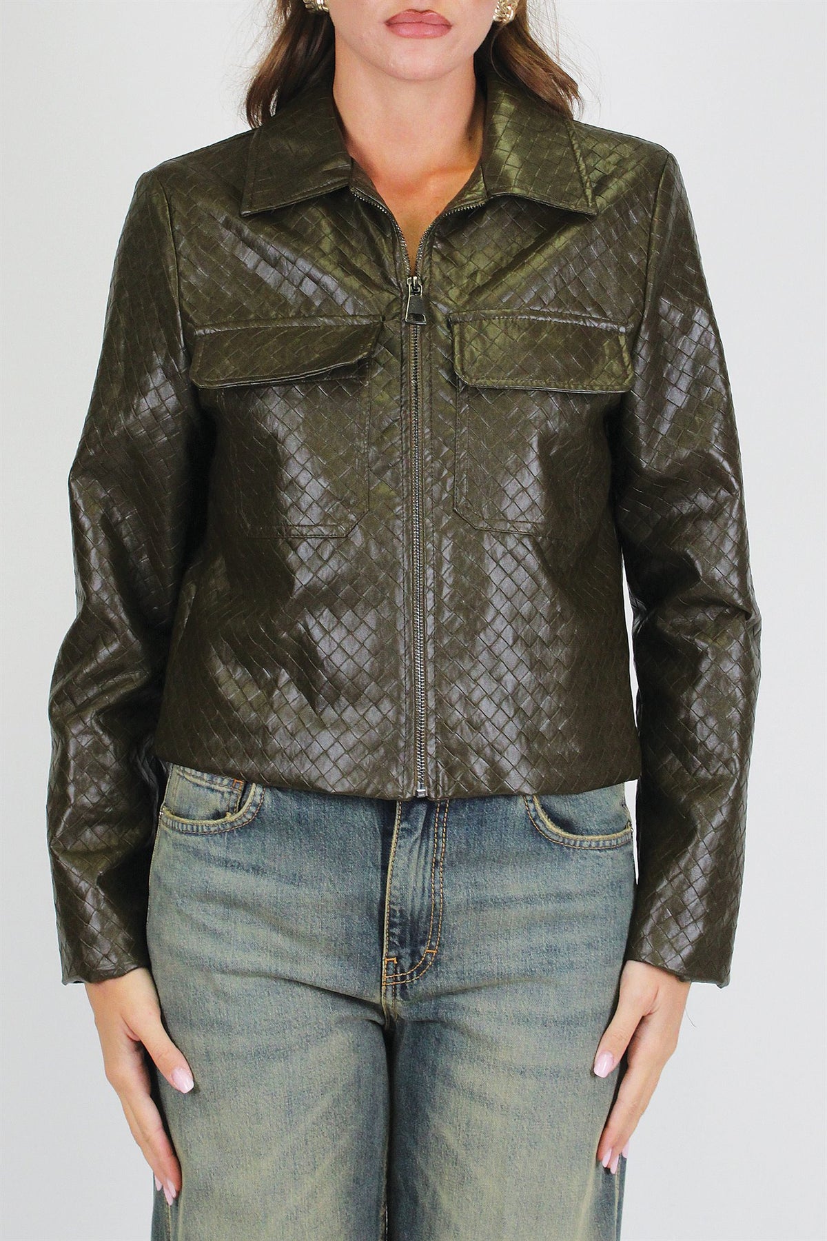 Dixie - Giubbino in ecopelle fantasia intrecciata con taschini e chiusura zip