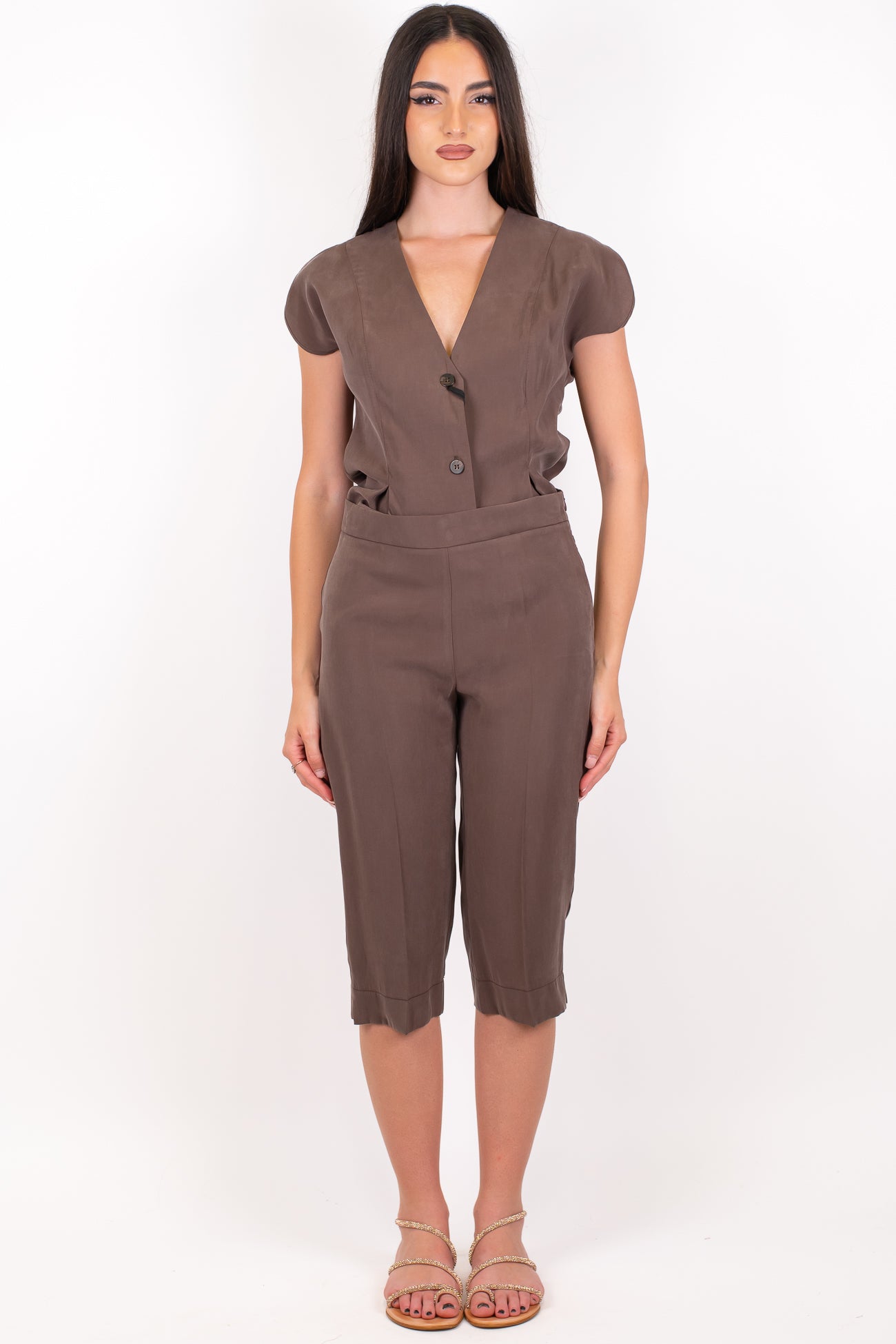 Maryley - Coordinato in modal camicia giromaniche svasata e pinocchietto con chiusura zip laterale