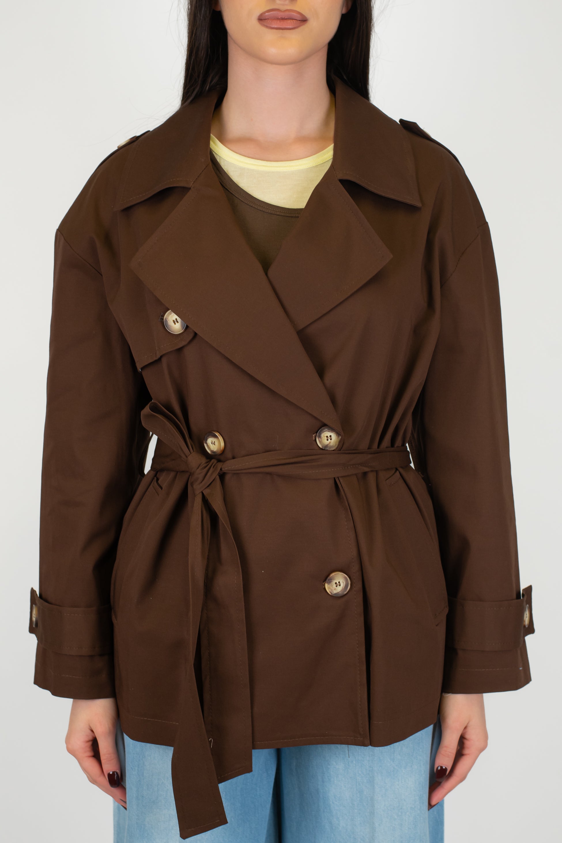 Motel - Trench corto doppiopetto con cintura in tessuto e rever ampio a lancia