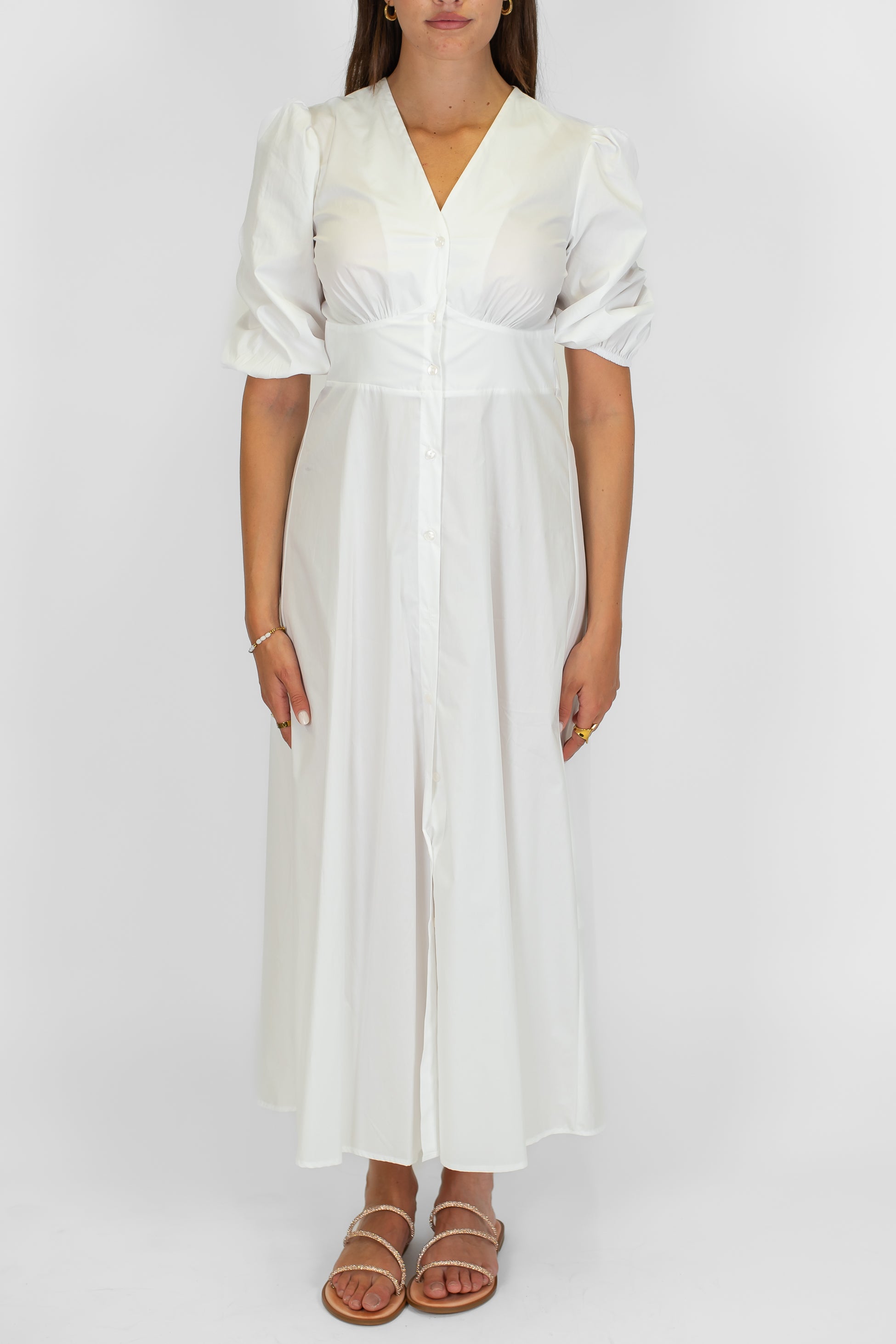 Tensione in - Abito lungo in cotone scollo v con bottoncini