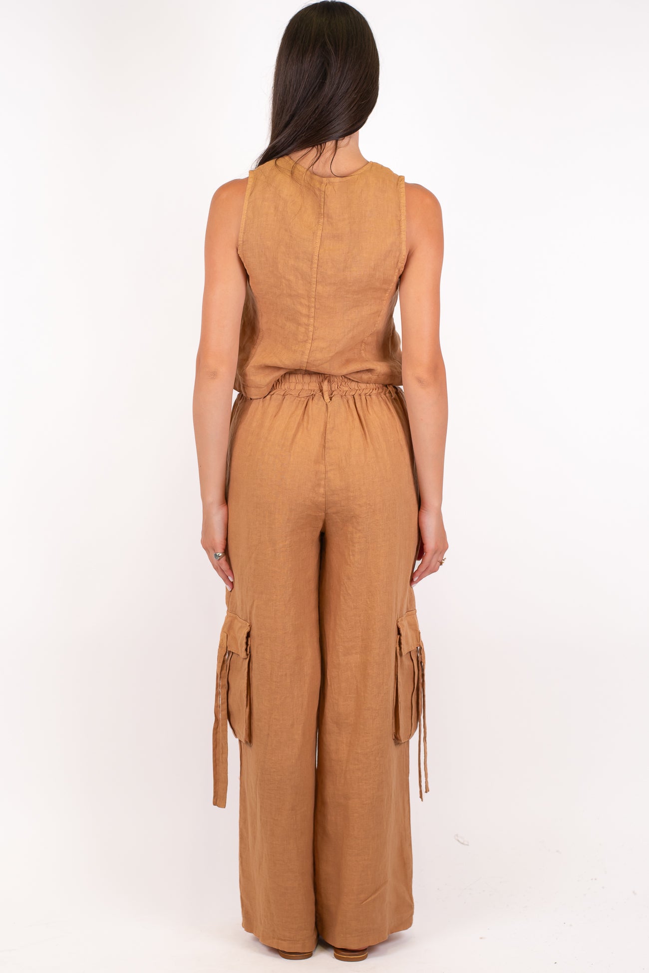 Haveone - Coordinato in puro lino con gilet e pantalone cargo palazzo con elastico in vita