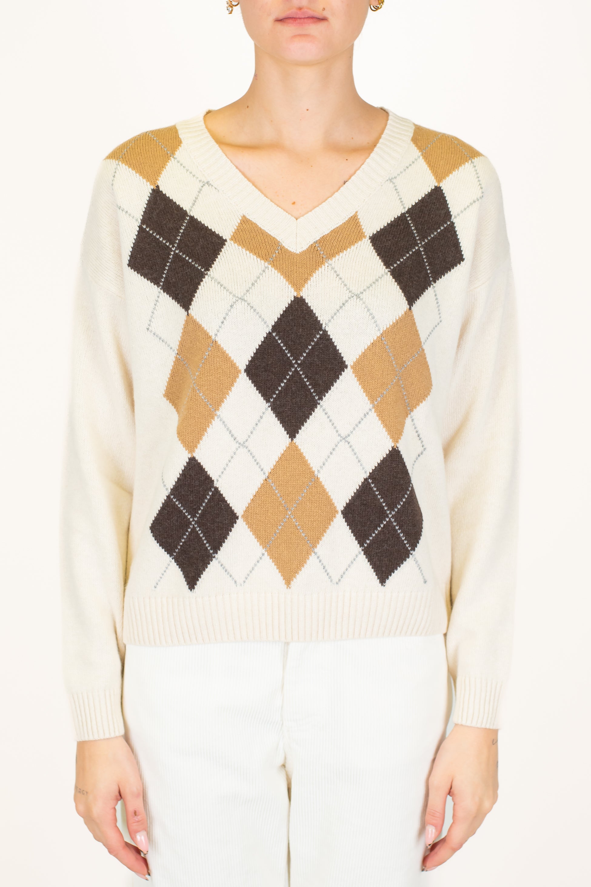 Tensione in - Maglia scollo V fantasia rombi a contrasto in misto lana e cashmere