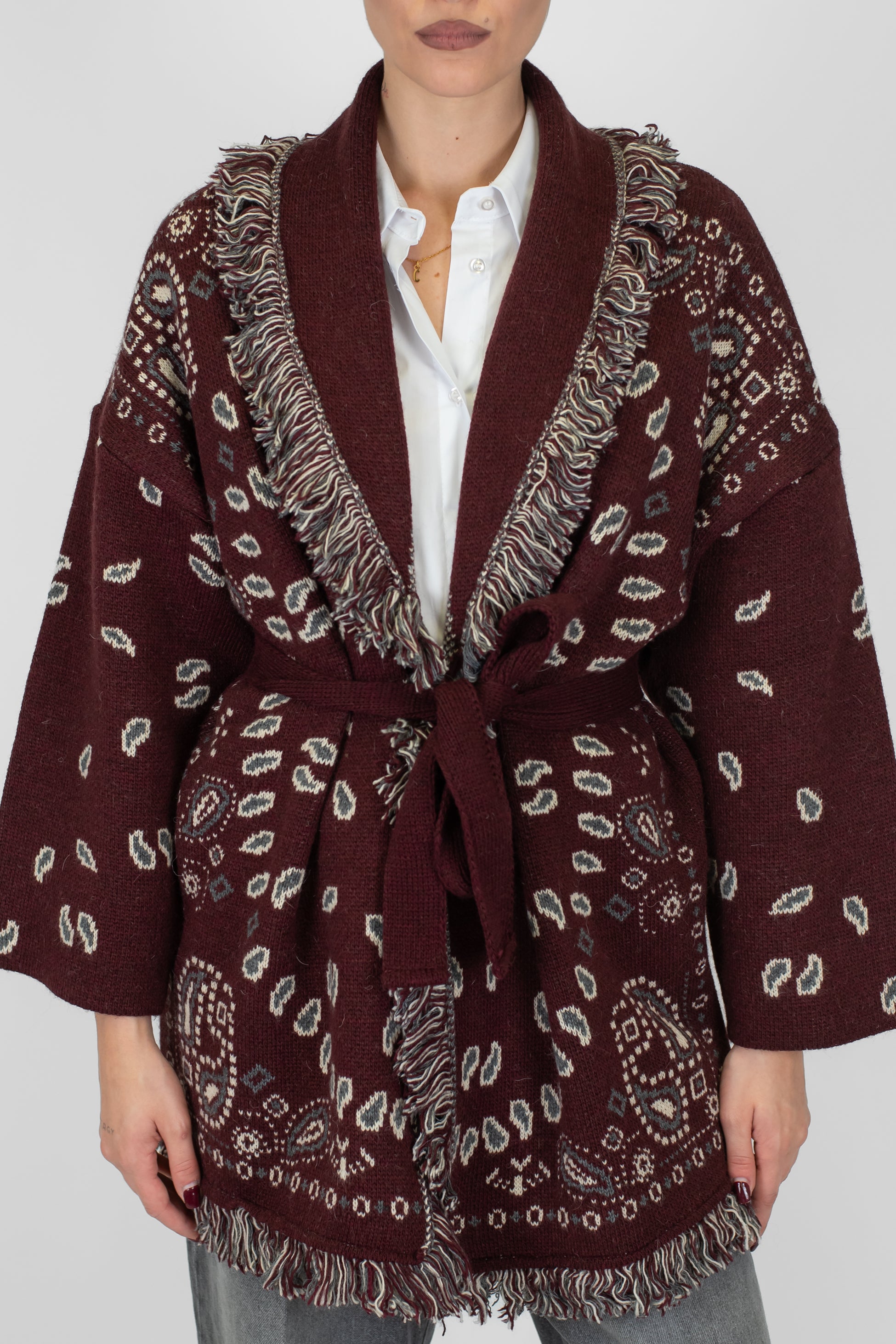 Tensione in - Cardigan in misto lana fantasia bandana con frange