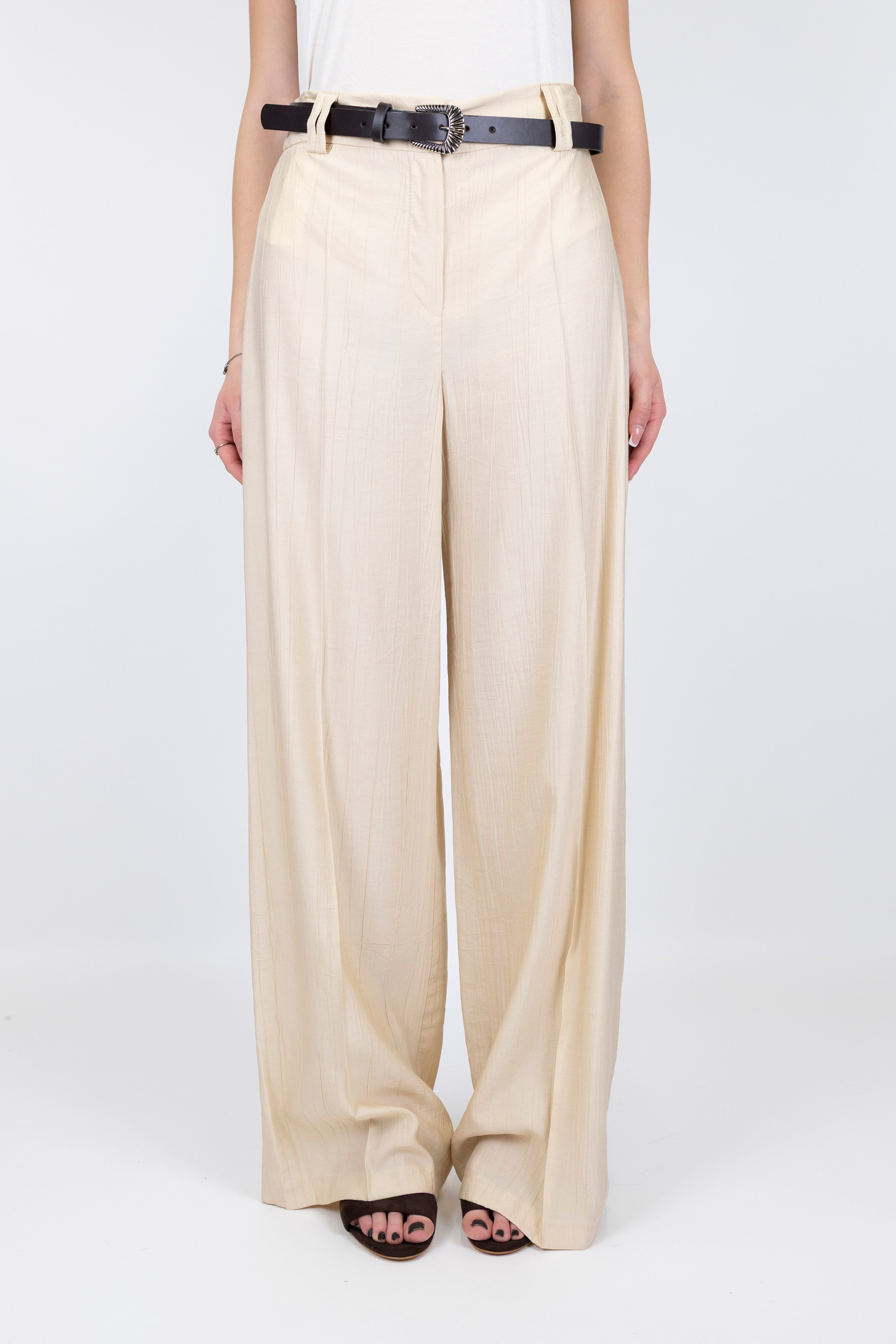 Haveone - Pantalone palazzo in viscosa leggera con strigliature ed elastico sul retro