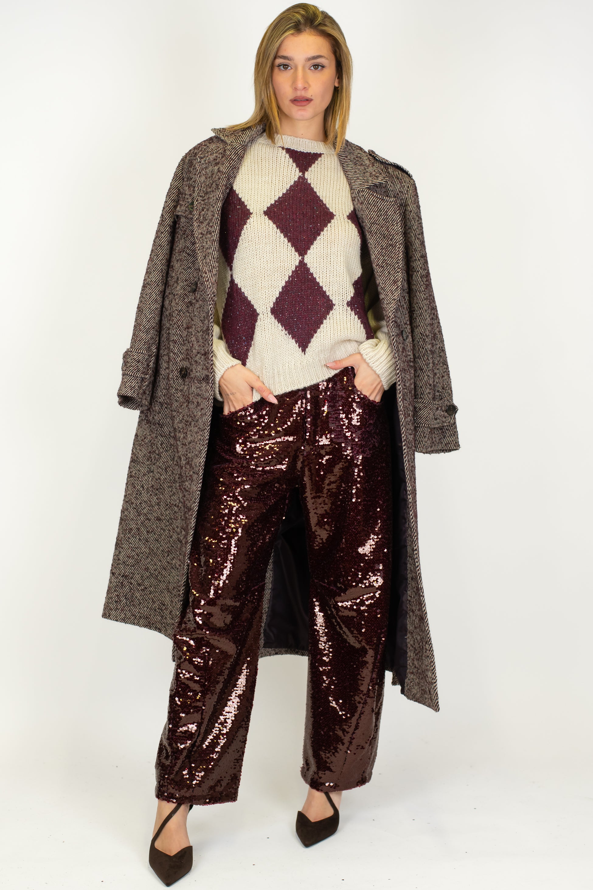 Tensione in - Cappotto lungo doppipetto fantasia spinata in misto lana con cintura in tessuto