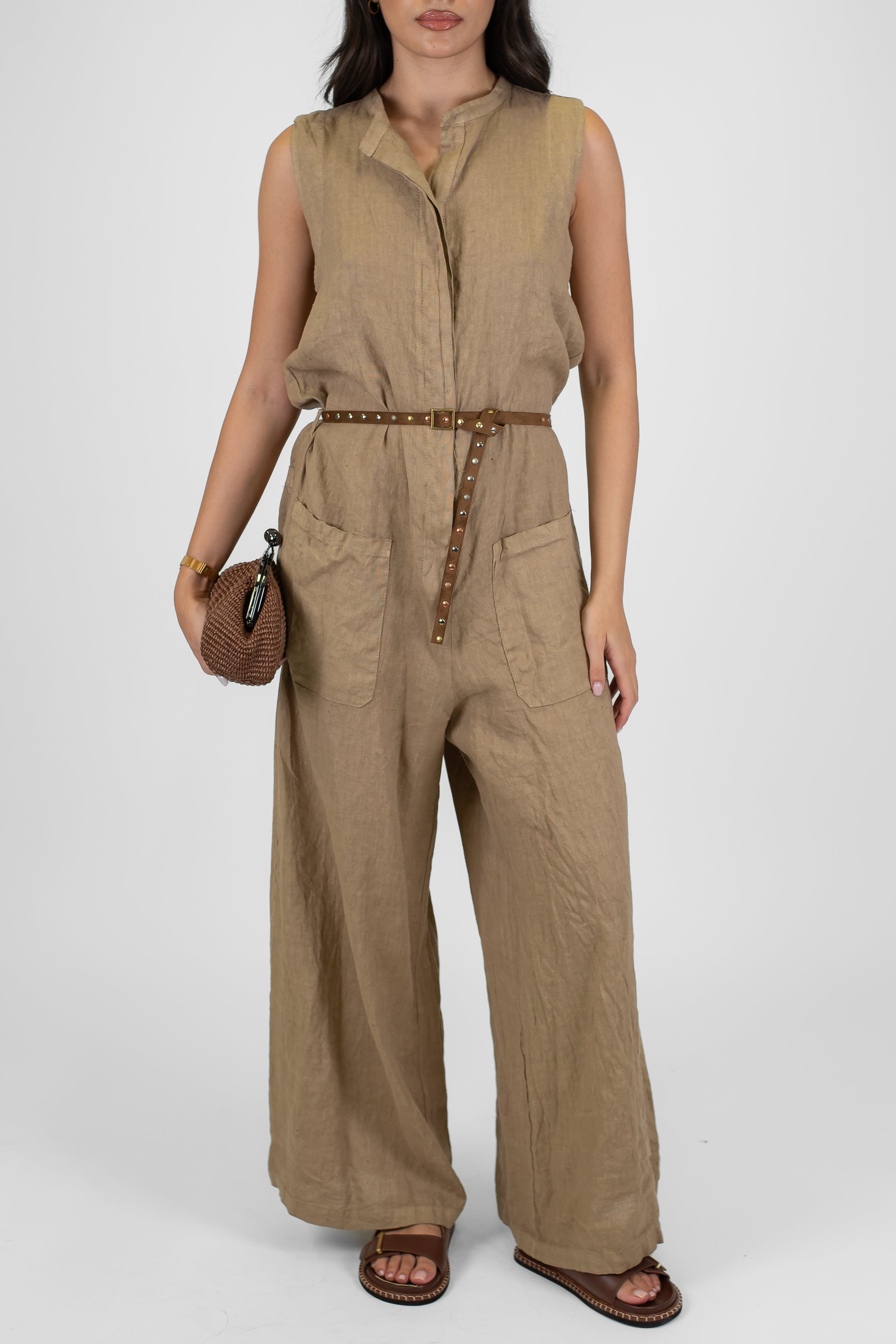 Motel - Tuta in puro lino con pantalone palazzo e tasconi frontali