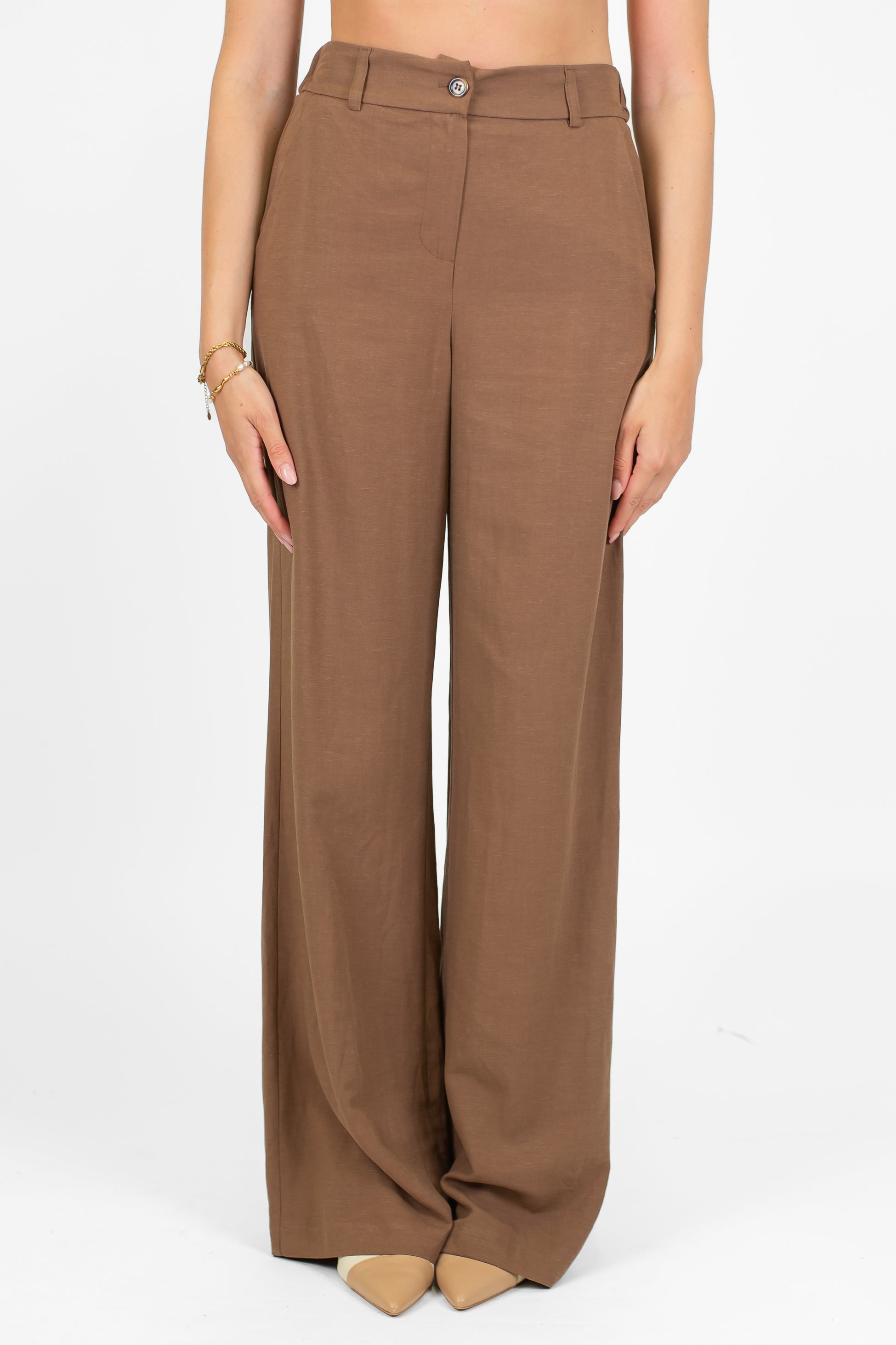 Dixie - Pantalone palazzo in misto viscosa e lino con elastico sul retro