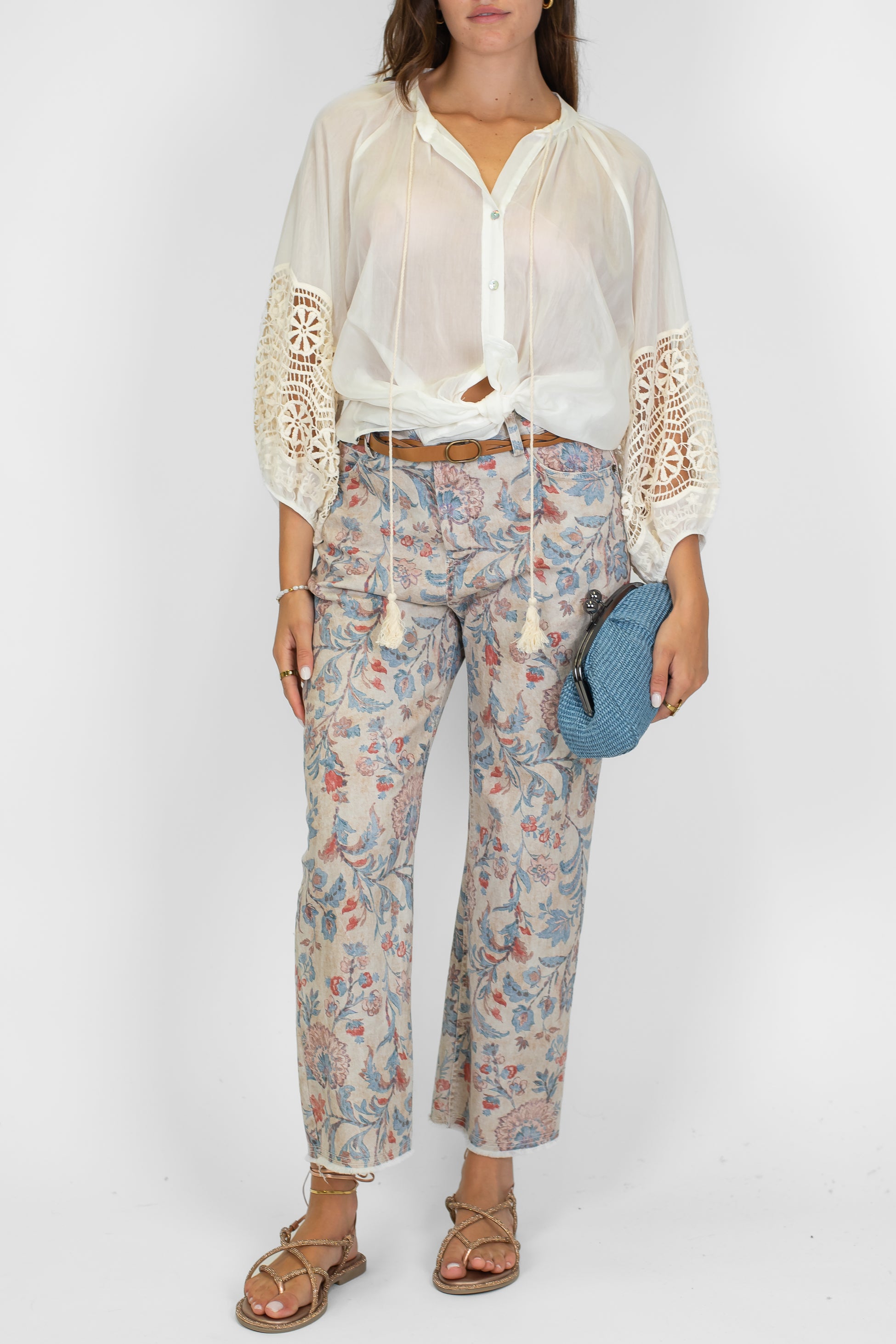 Tensione in - Pantalone fantasia floreale in denim