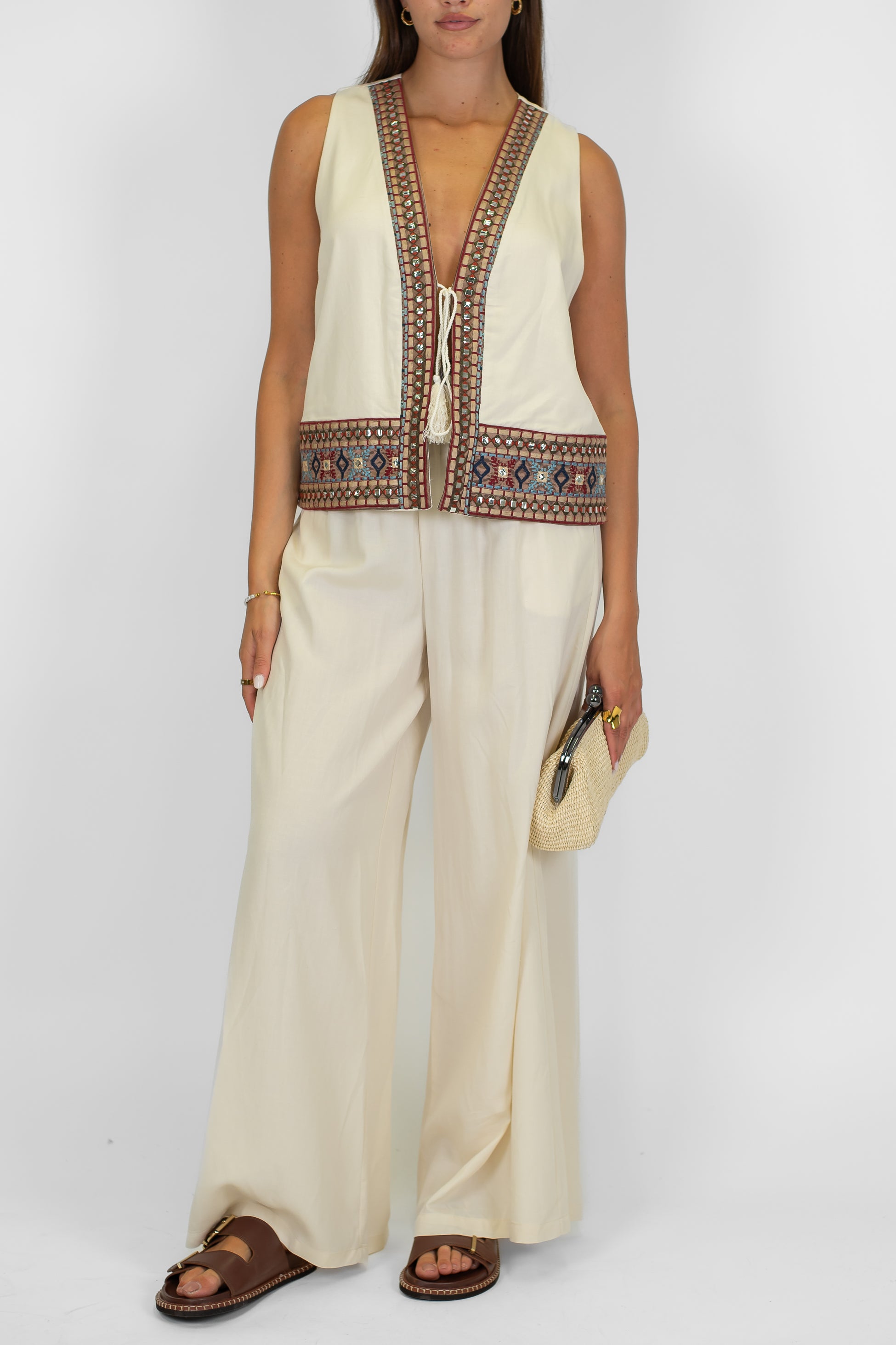 Motel - Pantalone palazzo in misto lino con elastico in vita