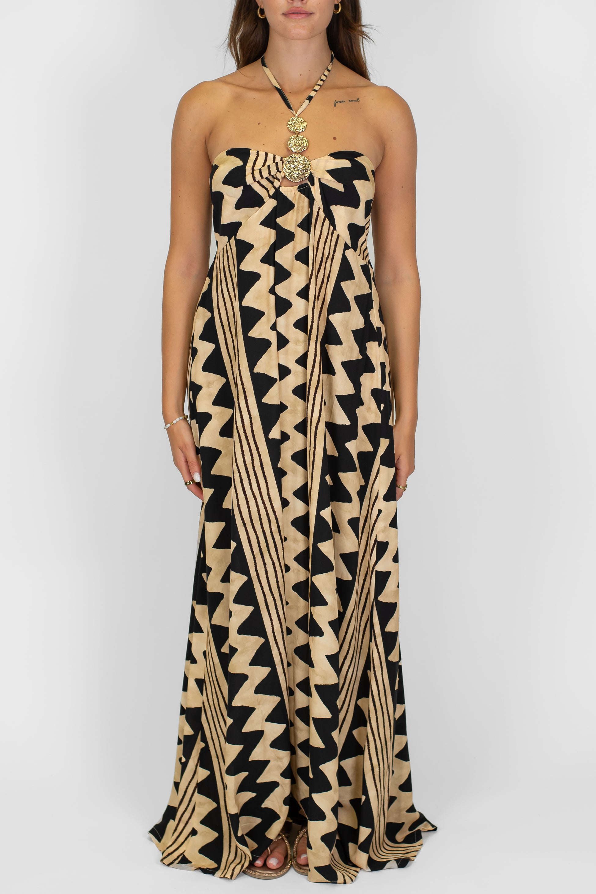 Haveone - Abito lungo fantasia applicazioni al collo