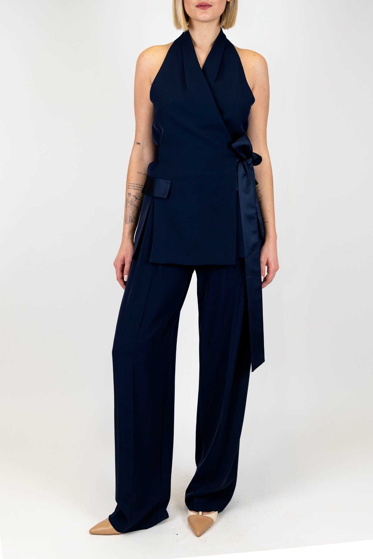 Imperial - Pantalone palazzo in tessuto fluido con pinces e profilo in raso