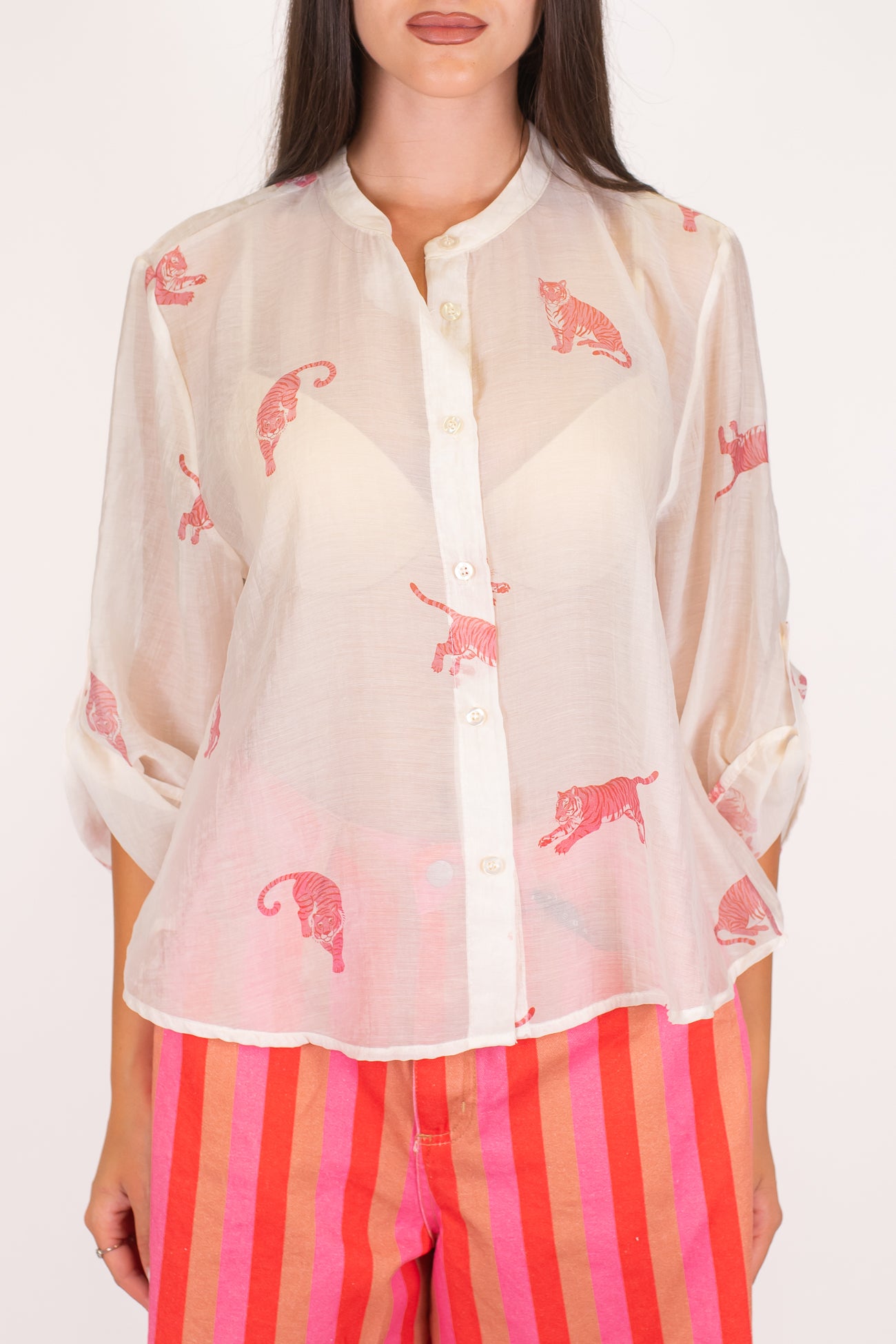 Haveone - Camicia fantasia tigri in lyocell con collo coreano