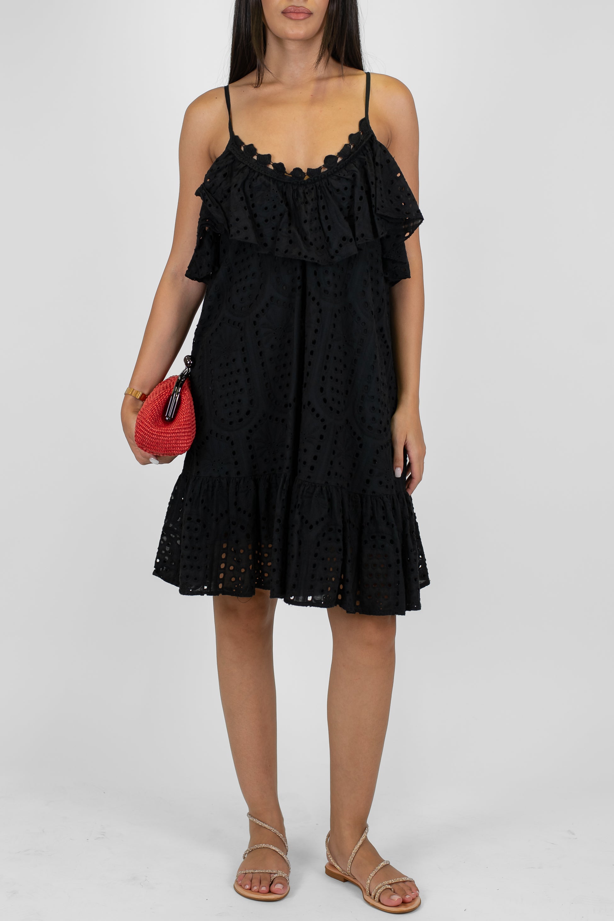 Dixie - Abito corto in pizzo sangallo con bretelle e balze