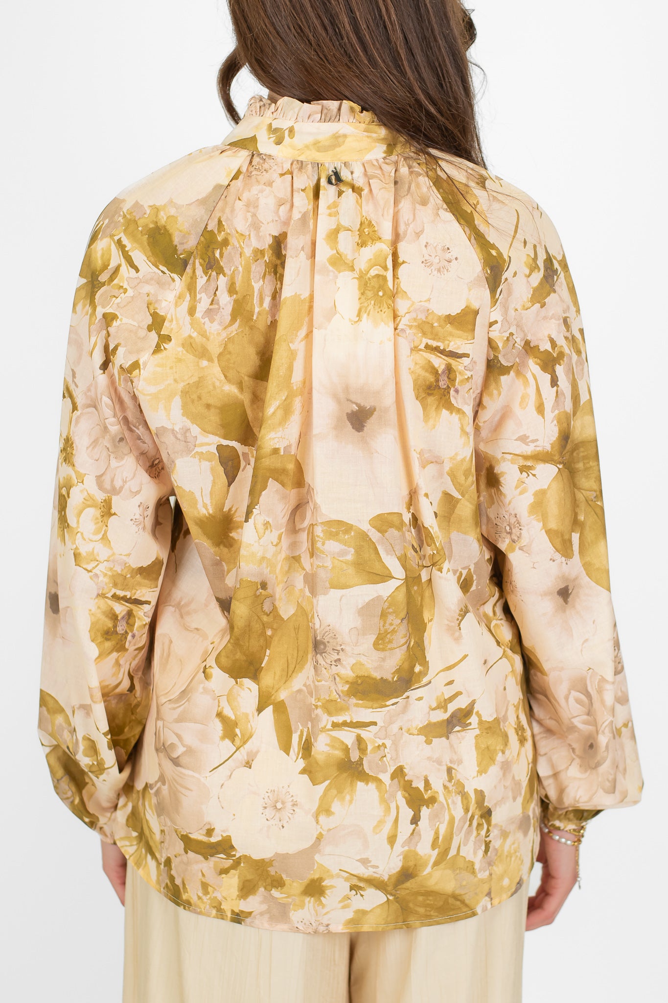 Dixie - Blusa fantasia floreale in mussola di cotone con scollo a V e laccio