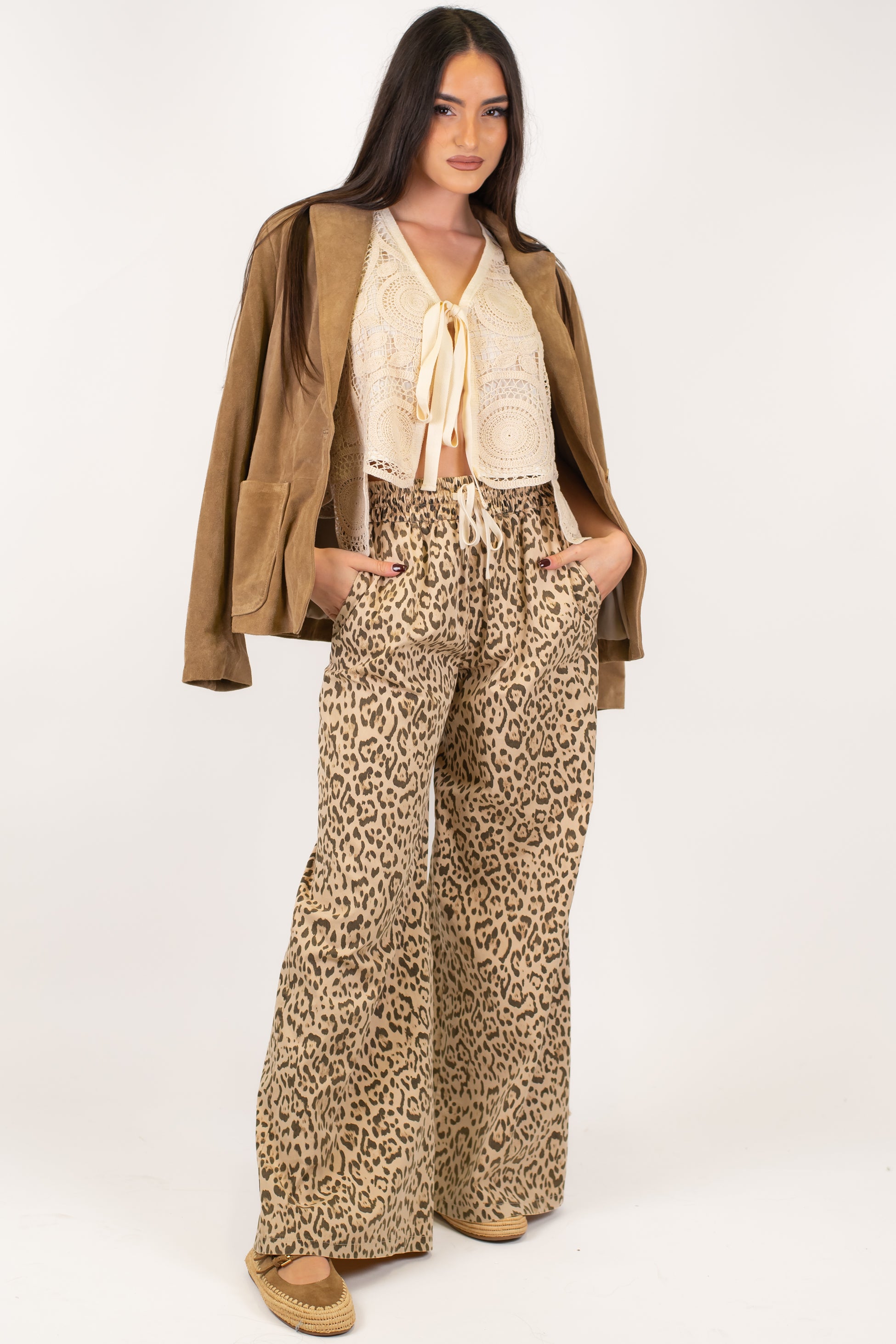 Motel - Pantalone palazzo fantasia animalier con coulisse