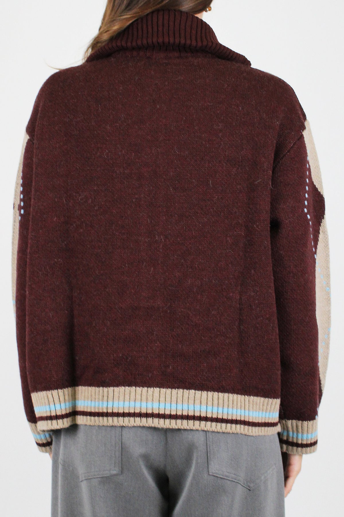 Motel - Cardigan fantasia rombi in misto lana con chiusura zip e profilo a contrasto