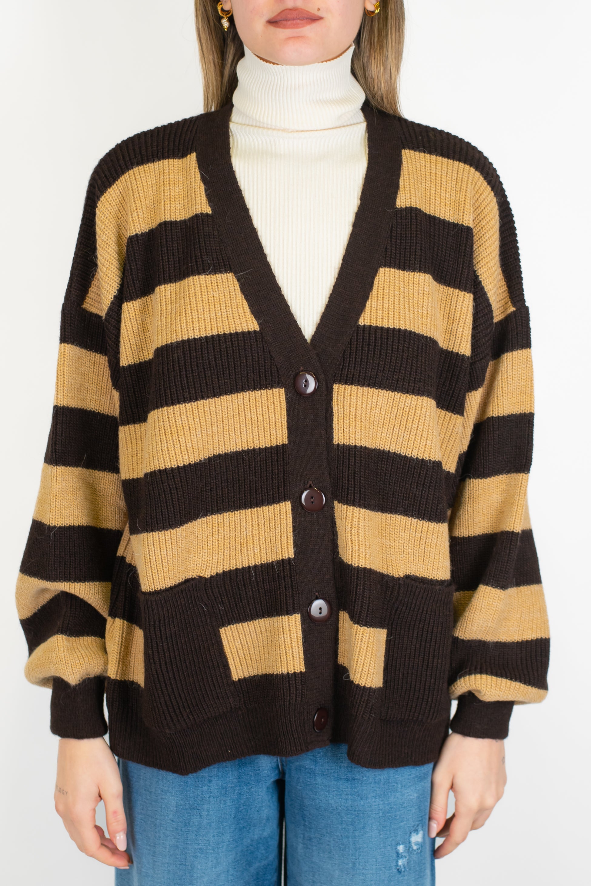 Kontatto - Cardigan over fantasia righe a contrasto in misto lana