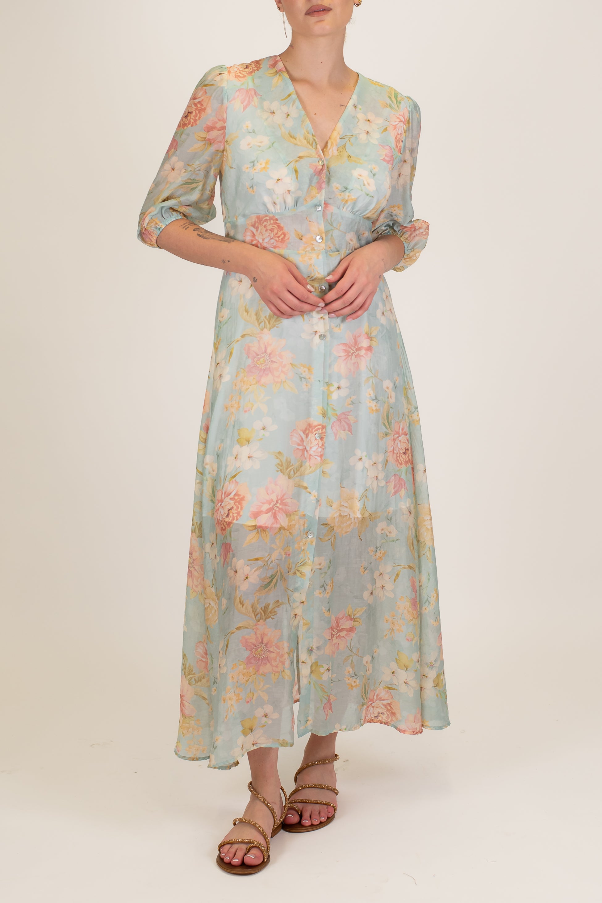 Tensione in - Chemisier fantasia floreale in viscosa con scollo a V e manica tre quarti