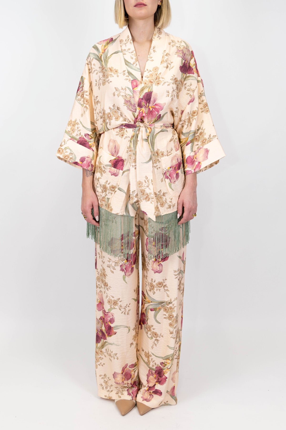 Dixie - Giacca kimono fantasia floreale con frange sul fondo