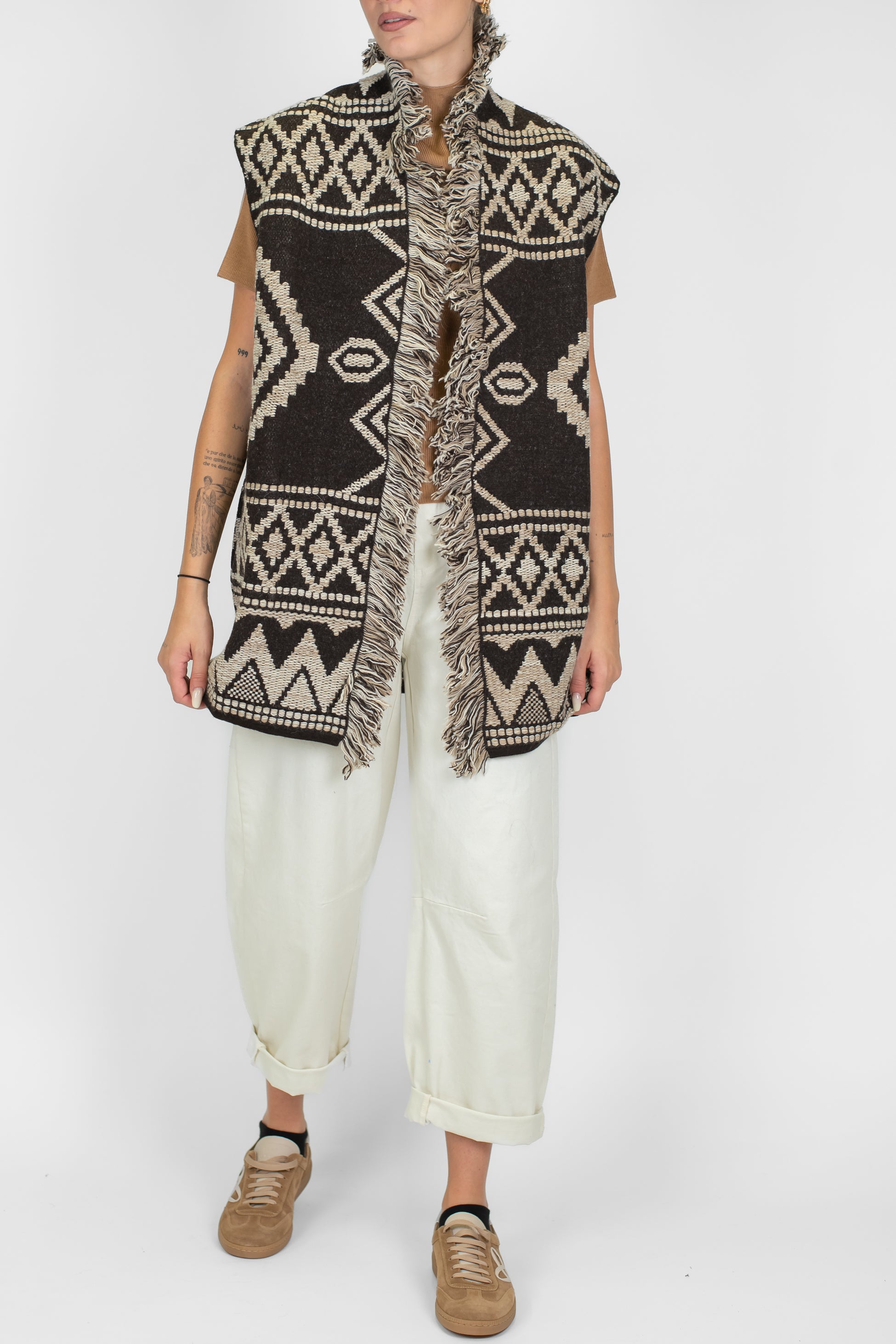Motel - Gilet lungo aperto fantasia etnica in misto lana con frange