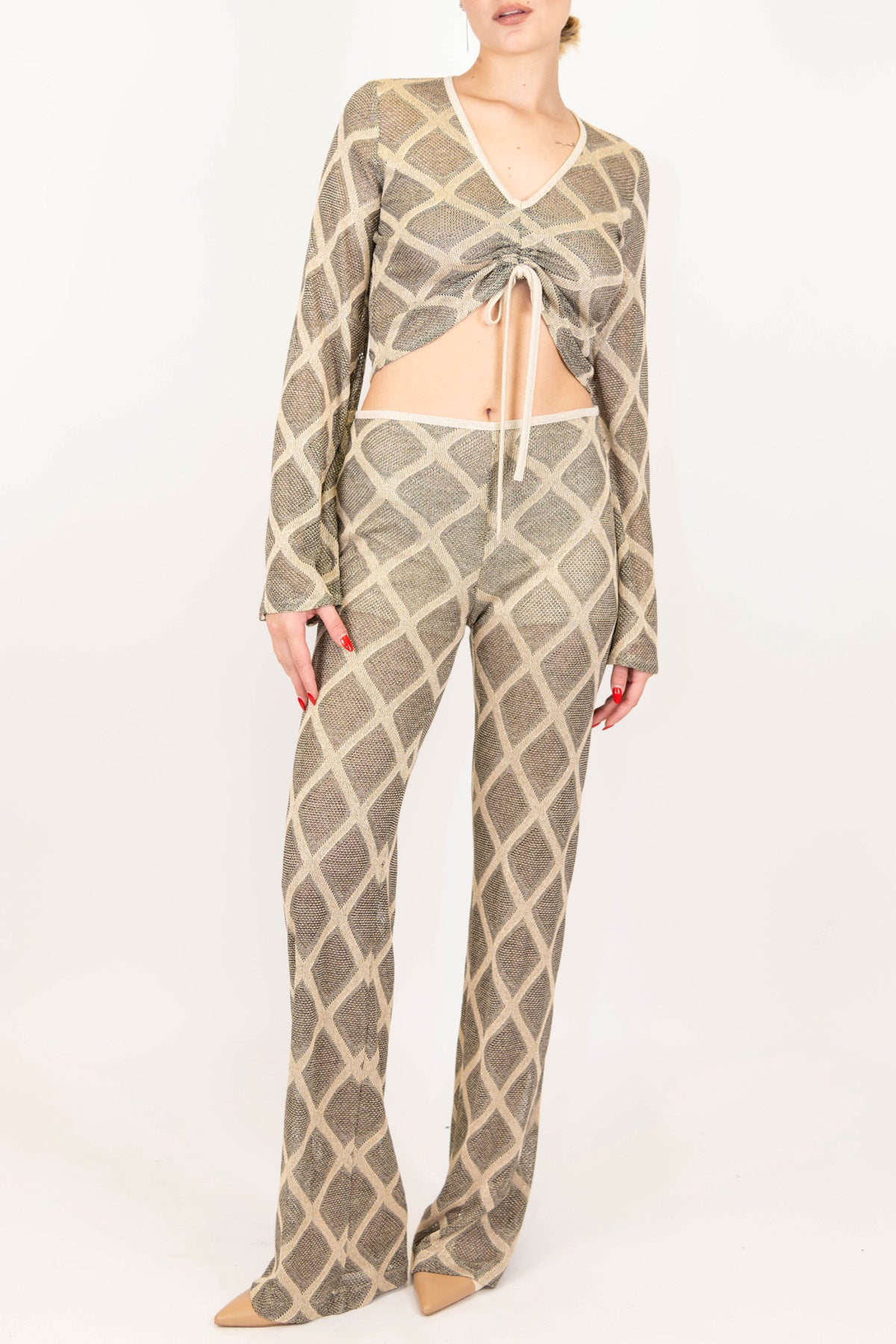 Haveone - Pantalone a zampa fantasia rombi in lurex con elastico in vita