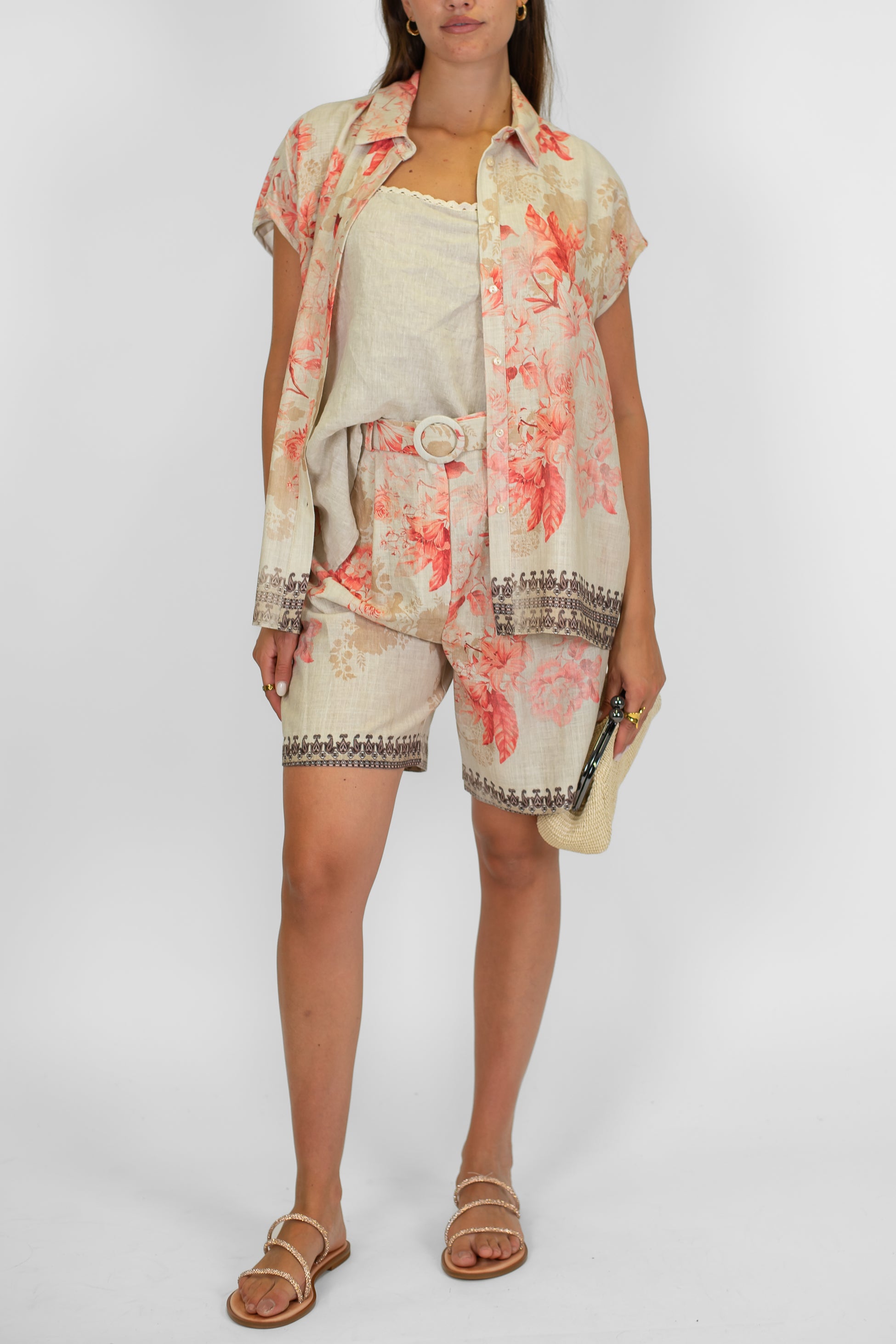 Tensione in - Bermuda fantasia in misto lino con cintura in vita