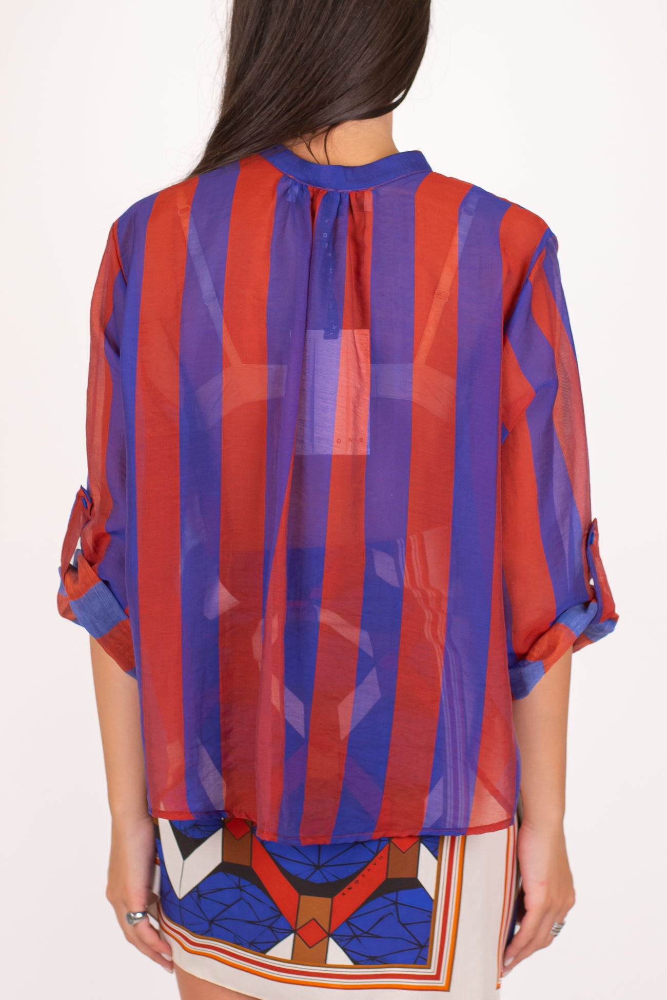 Haveone - Camicia fantasia a righe a contrasto in lyocell con manica tre quarti