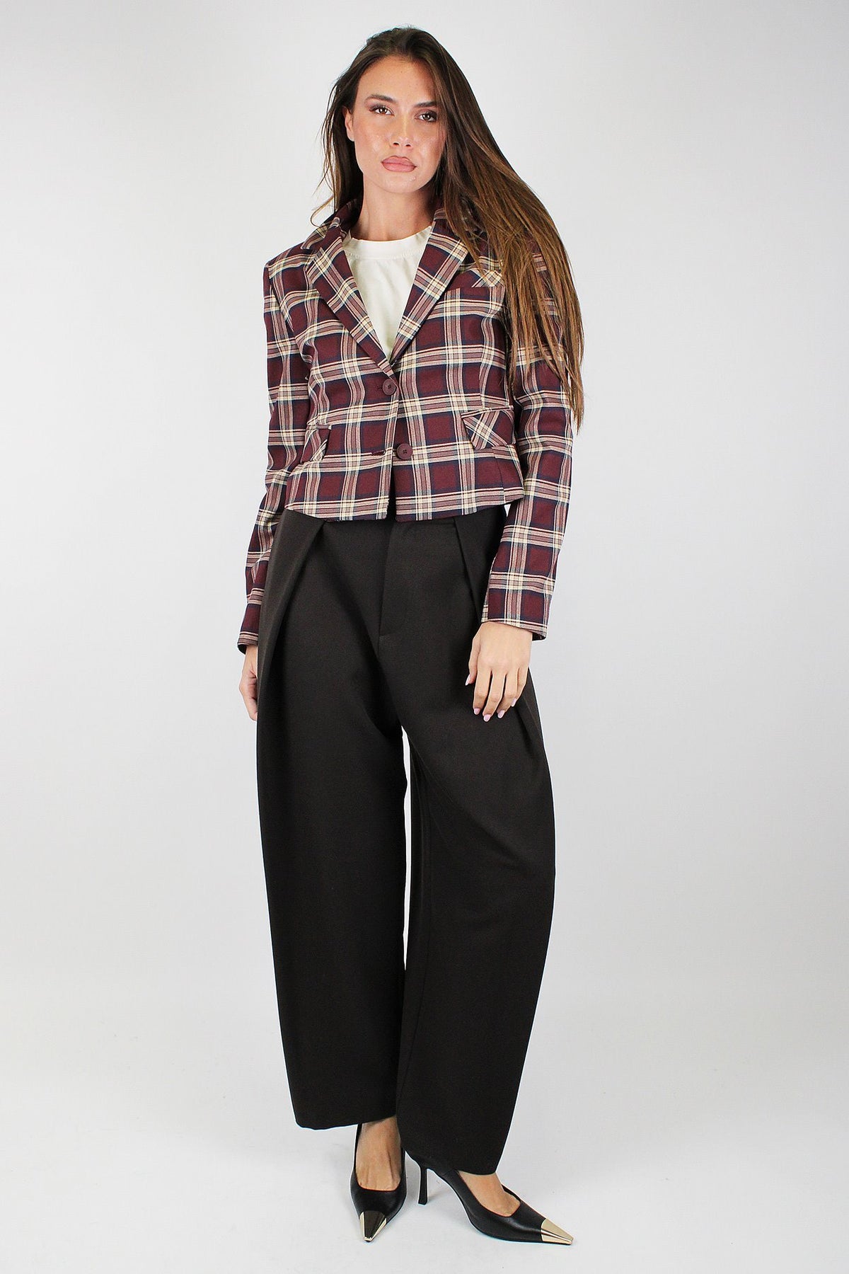 Haveone - Giacca crop fantasia check con spalline