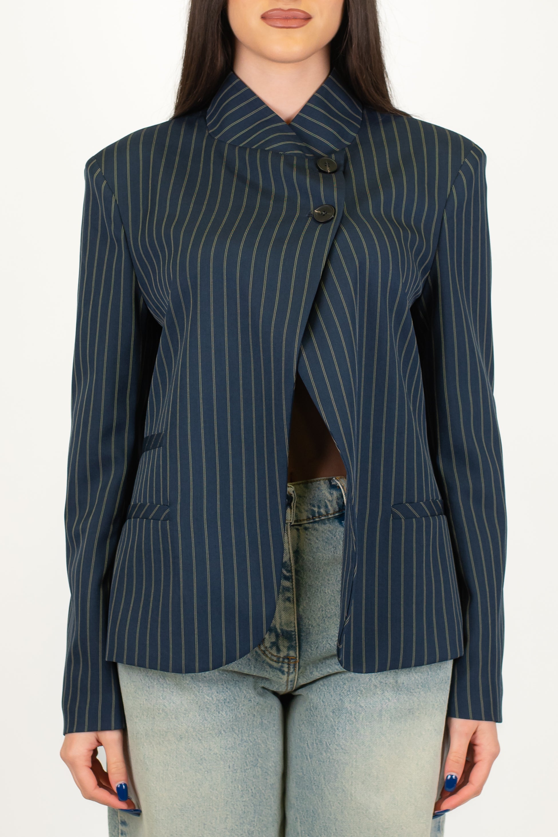 Haveone - Giacca coreana gessata con chiusura superiore asimmetrica e spalline