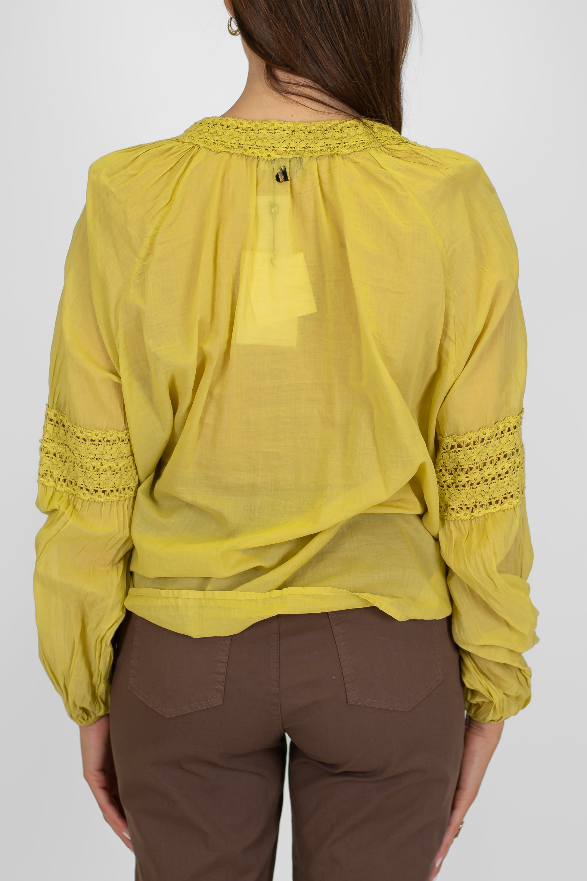 Dixie - Camicia in mussola di cotone scollo V con nappine e crochet