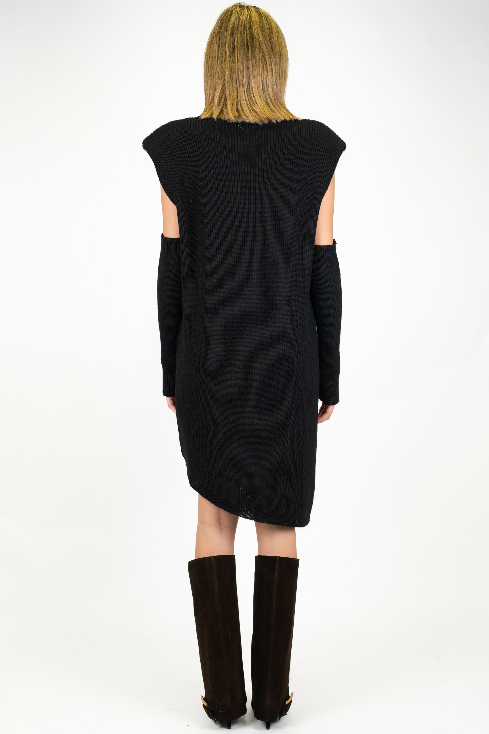 Dixie - Abito corto asimmetrico a coste in misto lana con spalline e manicotti