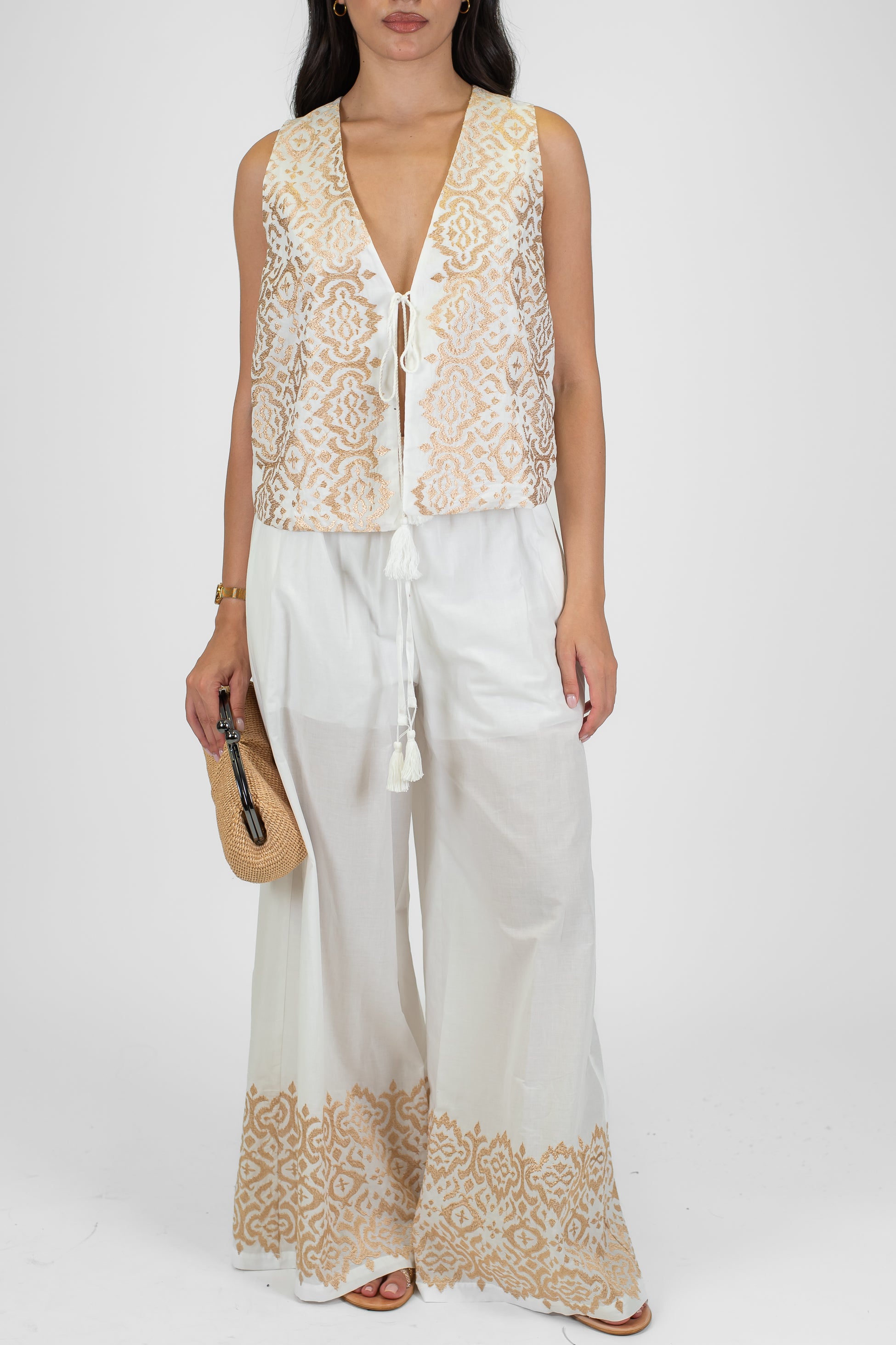 Motel - Coordinato gilet e pantalone palazzo con ricami a contrasto e coulisse